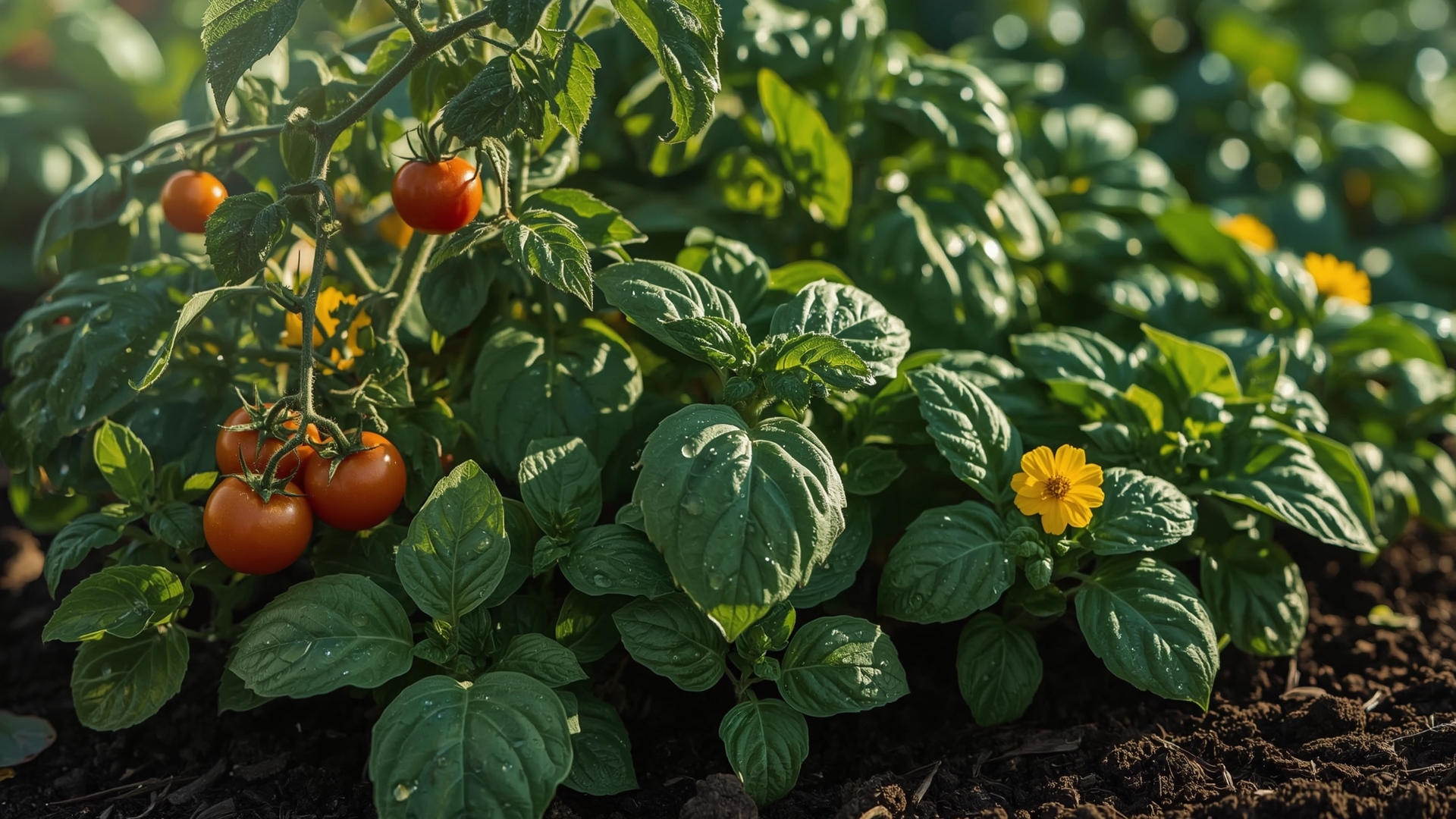 Close-up of beginner vegetable garden with tomatoes kale basil and zucchini growing together