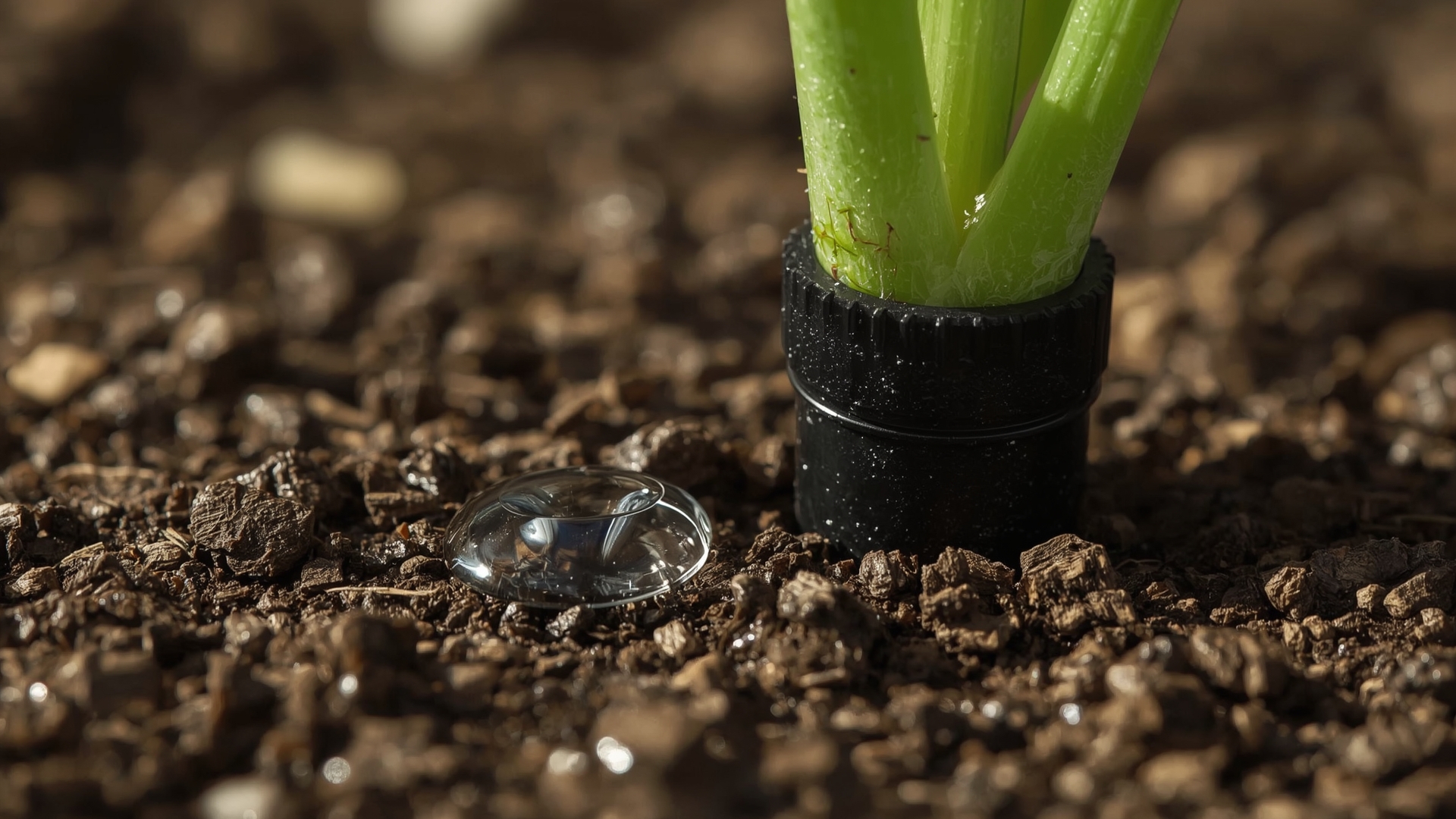 Close-up of drip emitter releasing water droplet into raised bed soil
