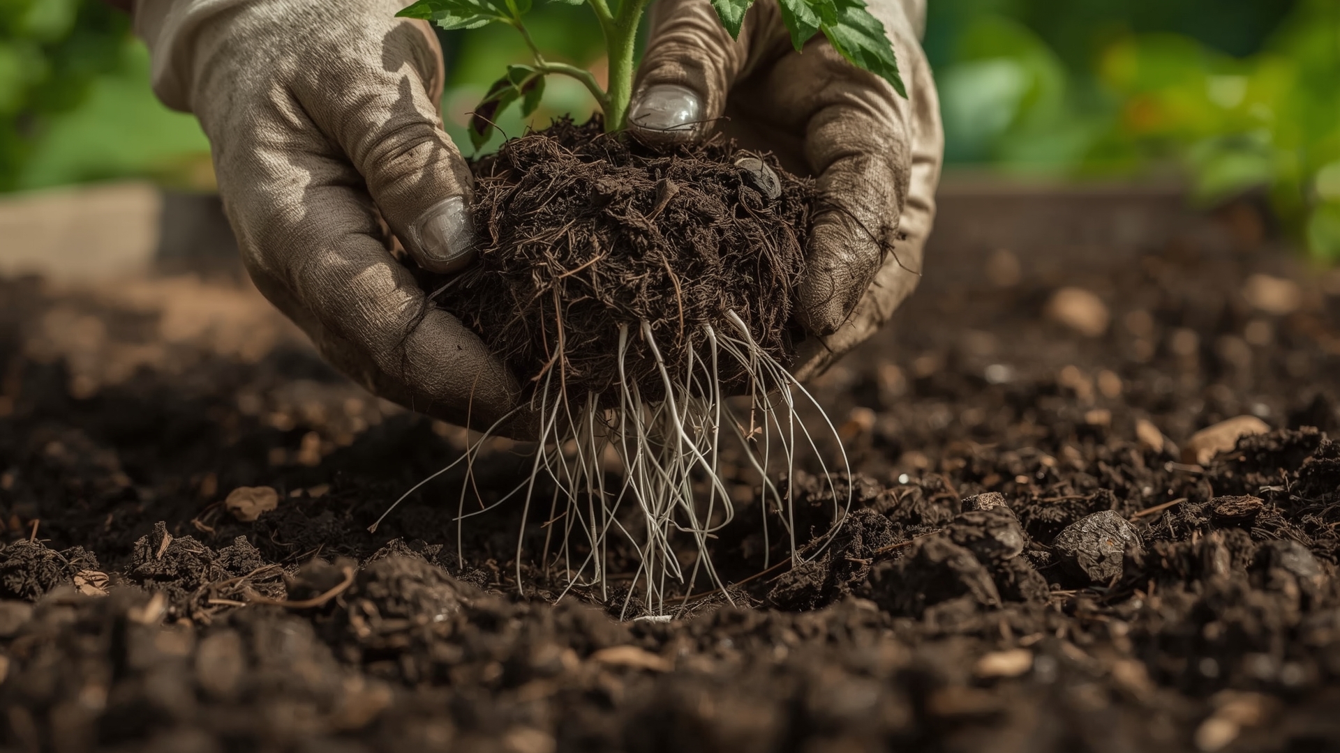Close-up of healthy tomato seedling roots lifted from rich dark garden soil
