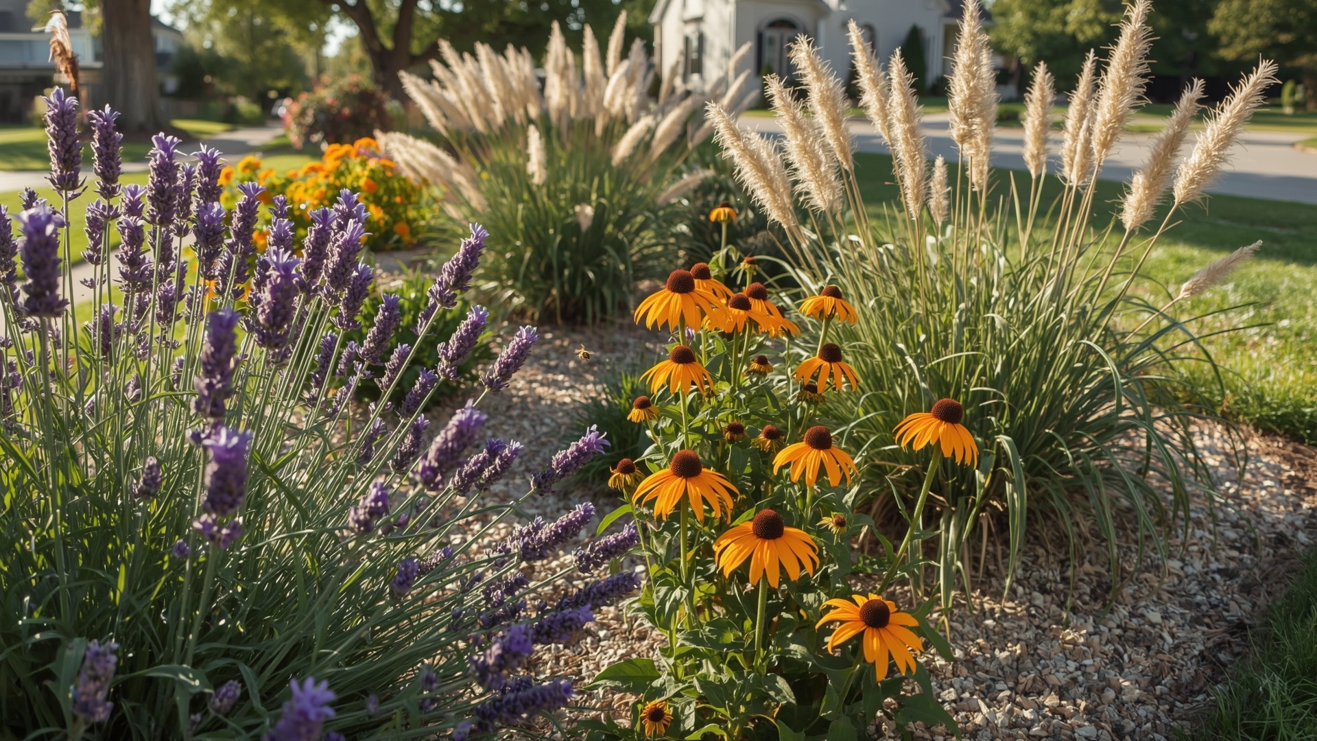 Drought-tolerant home garden border with lavender coneflowers and ornamental grasses in full bloom