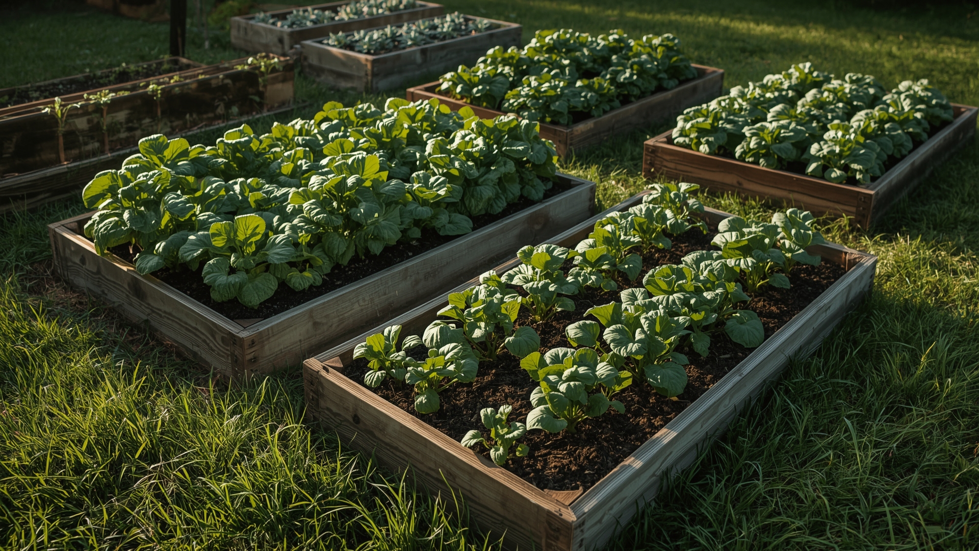Four raised vegetable garden beds with different crop families in a backyard garden