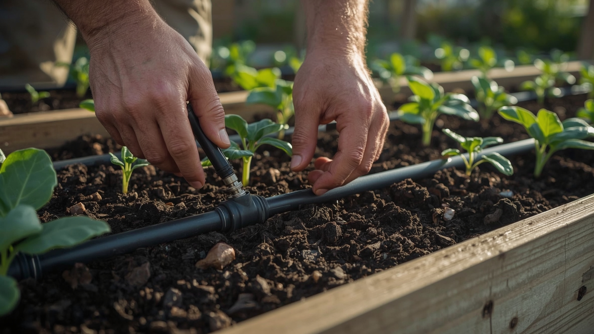 Gardener connecting drip irrigation tubing inside a raised vegetable bed
