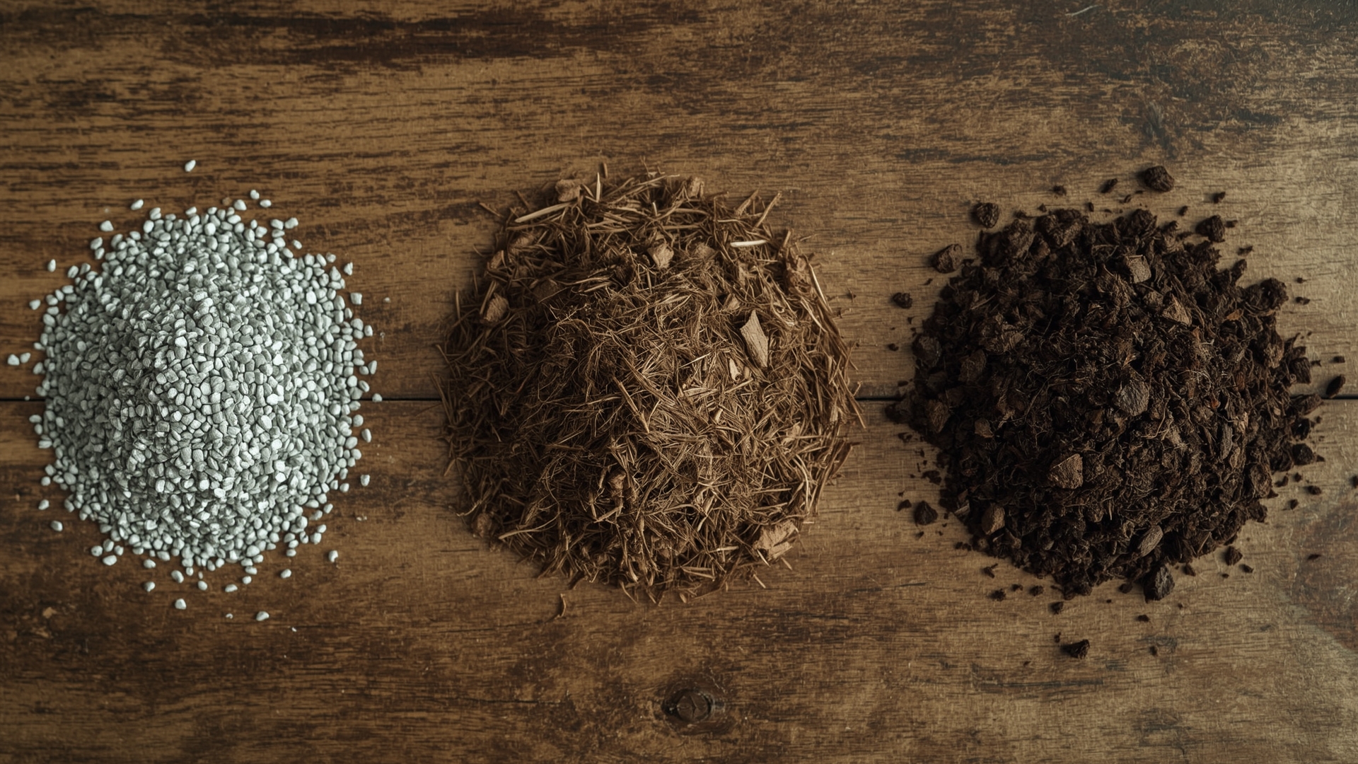 Overhead flat-lay of three square foot gardening soil ingredients: vermiculite, coconut coir, and dark compost