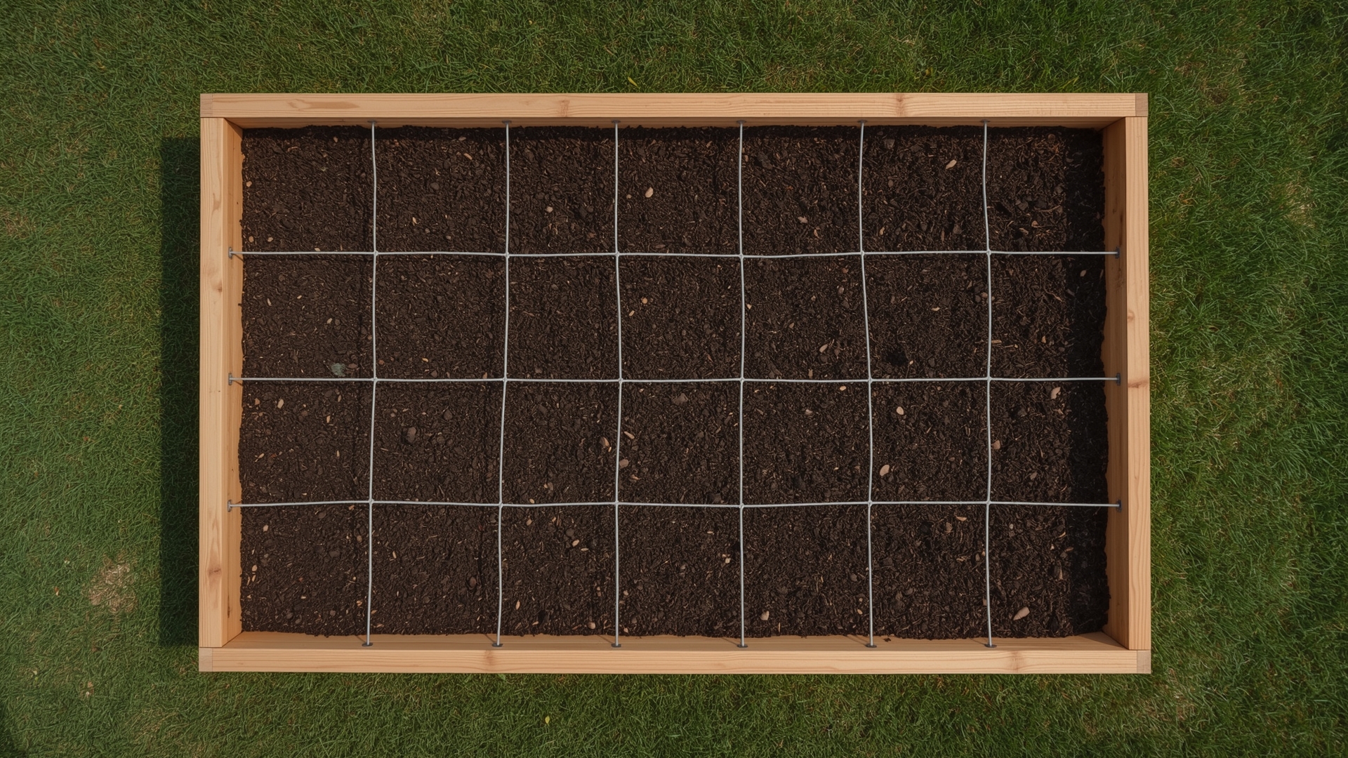Overhead view of a 4x4 cedar raised garden bed with string grid dividing it into 16 planting squares