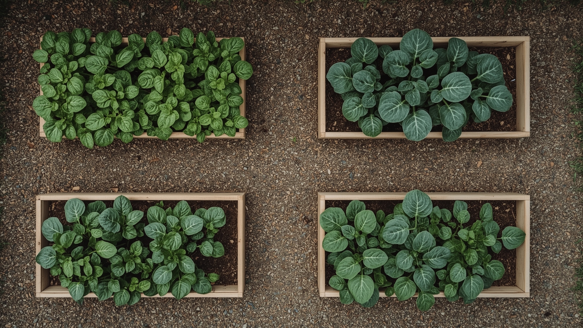 Overhead view of four raised vegetable garden beds in a planned rotation layout
