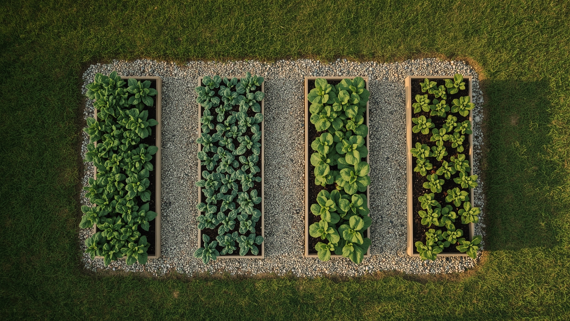 Overhead view of three parallel raised garden beds with vegetable plants in backyard