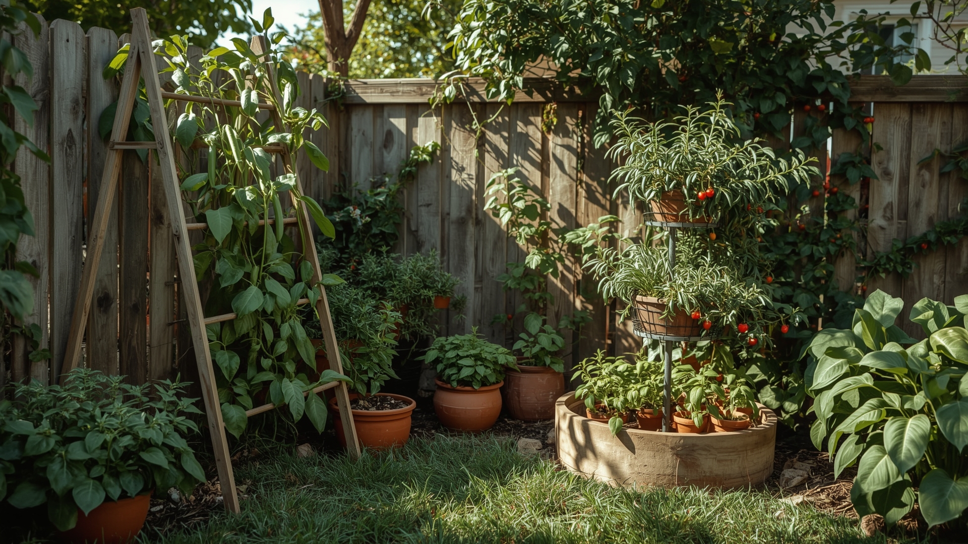 Small backyard garden with vertical trellis containers herb spiral and climbing bean plants