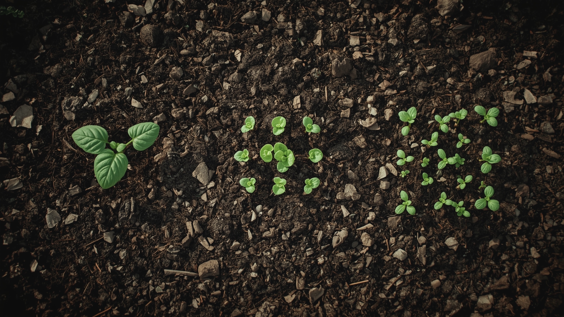 Square foot garden bed showing single tomato plant, four lettuce plants, and sixteen radish seedlings in adjacent squares