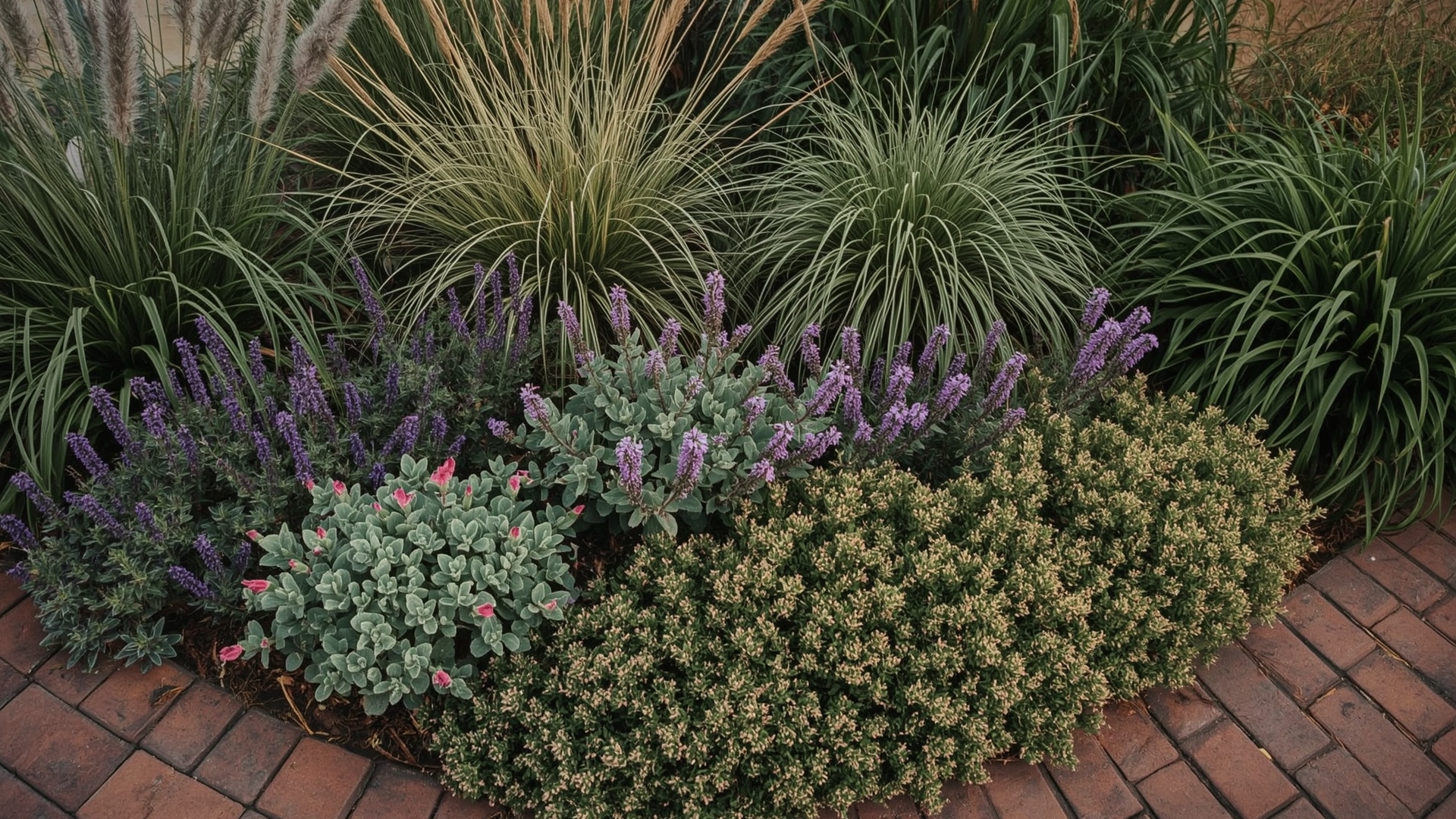 Three-layer low maintenance garden border with grasses perennials and ground cover plants arranged by height