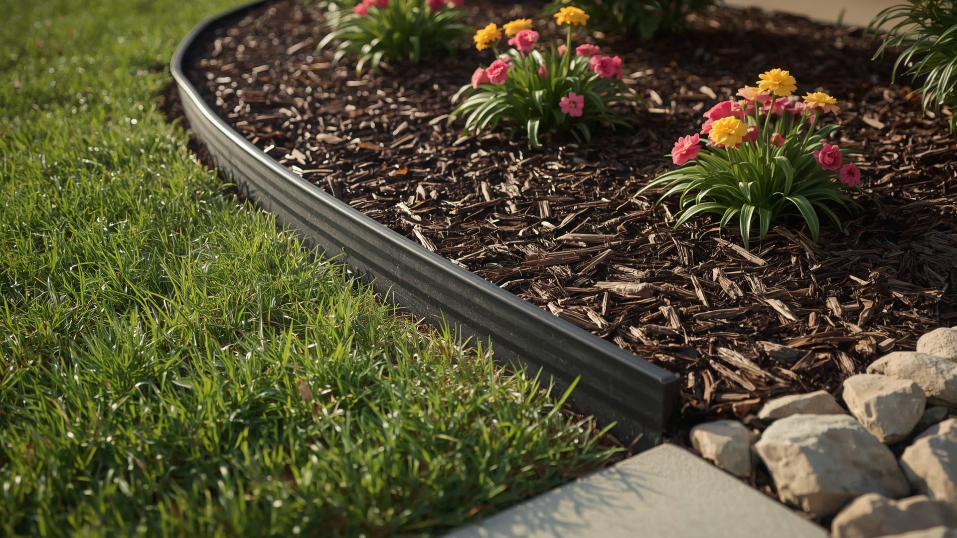Clean steel and stone garden bed edging separating lush lawn from flowering perennial border