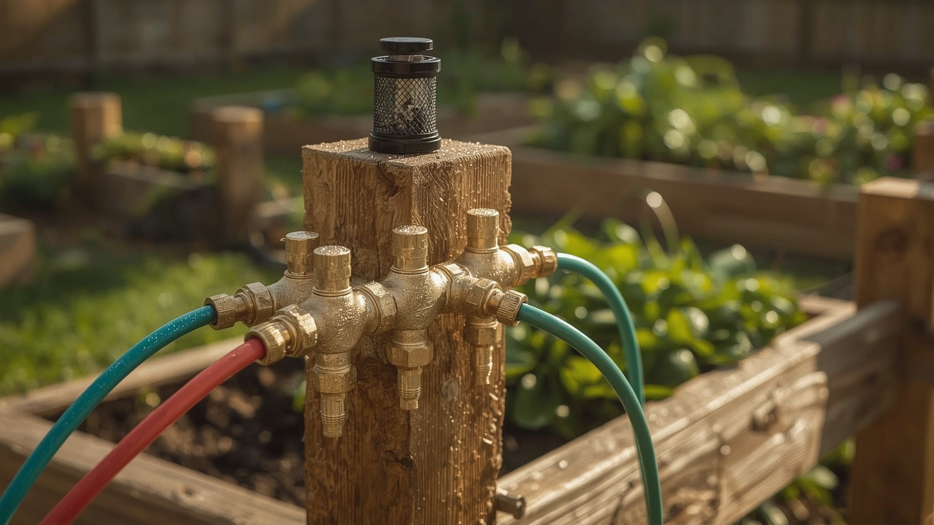 Close-up of a four-port drip irrigation manifold with ball valves connected to garden zone tubing