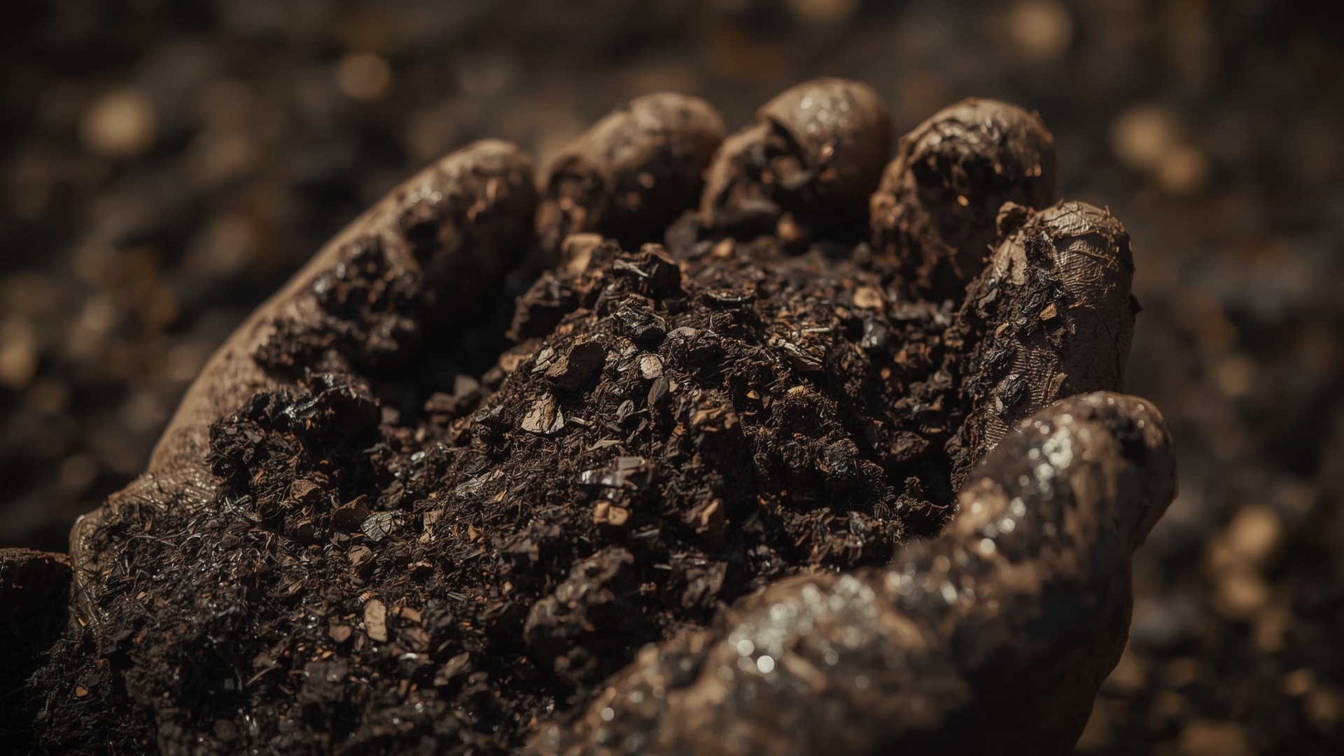 Close-up of dark crumbly finished compost ready for vegetable garden application