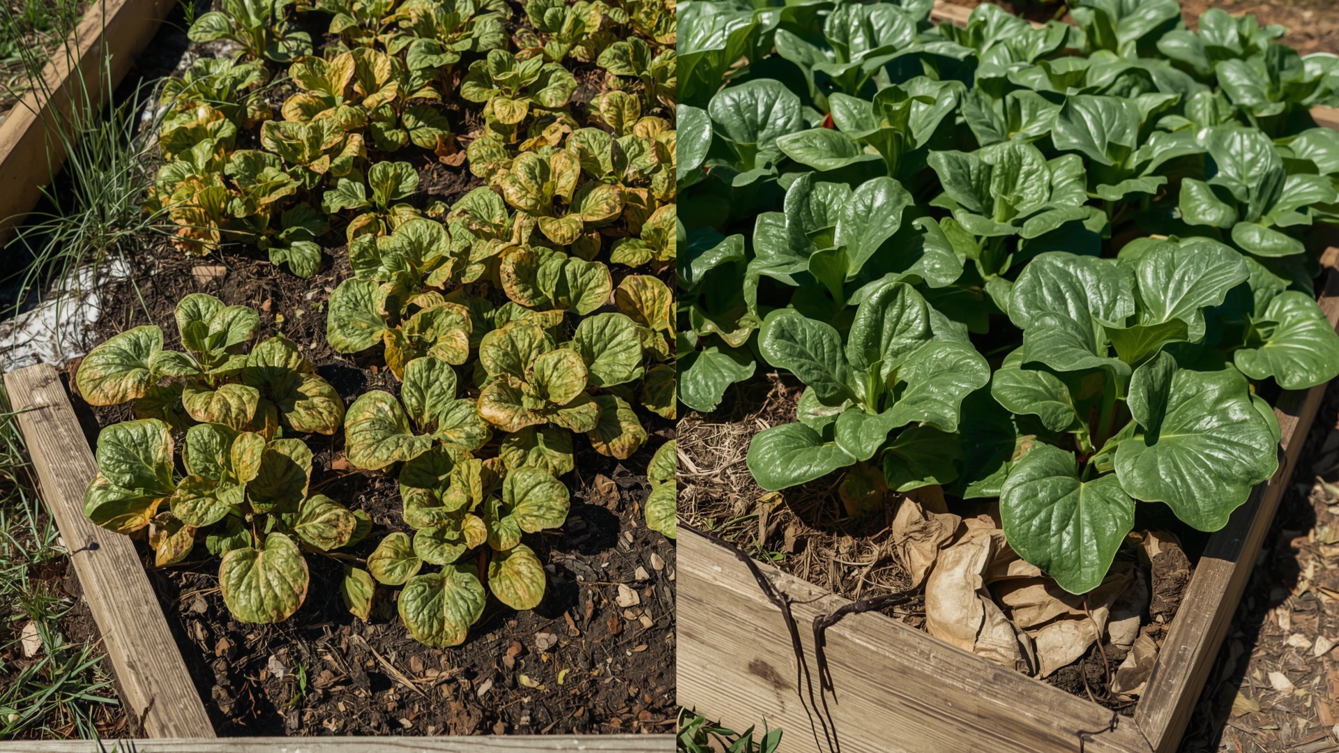 Comparison of overwatered and underwatered vegetable plants in raised garden bed