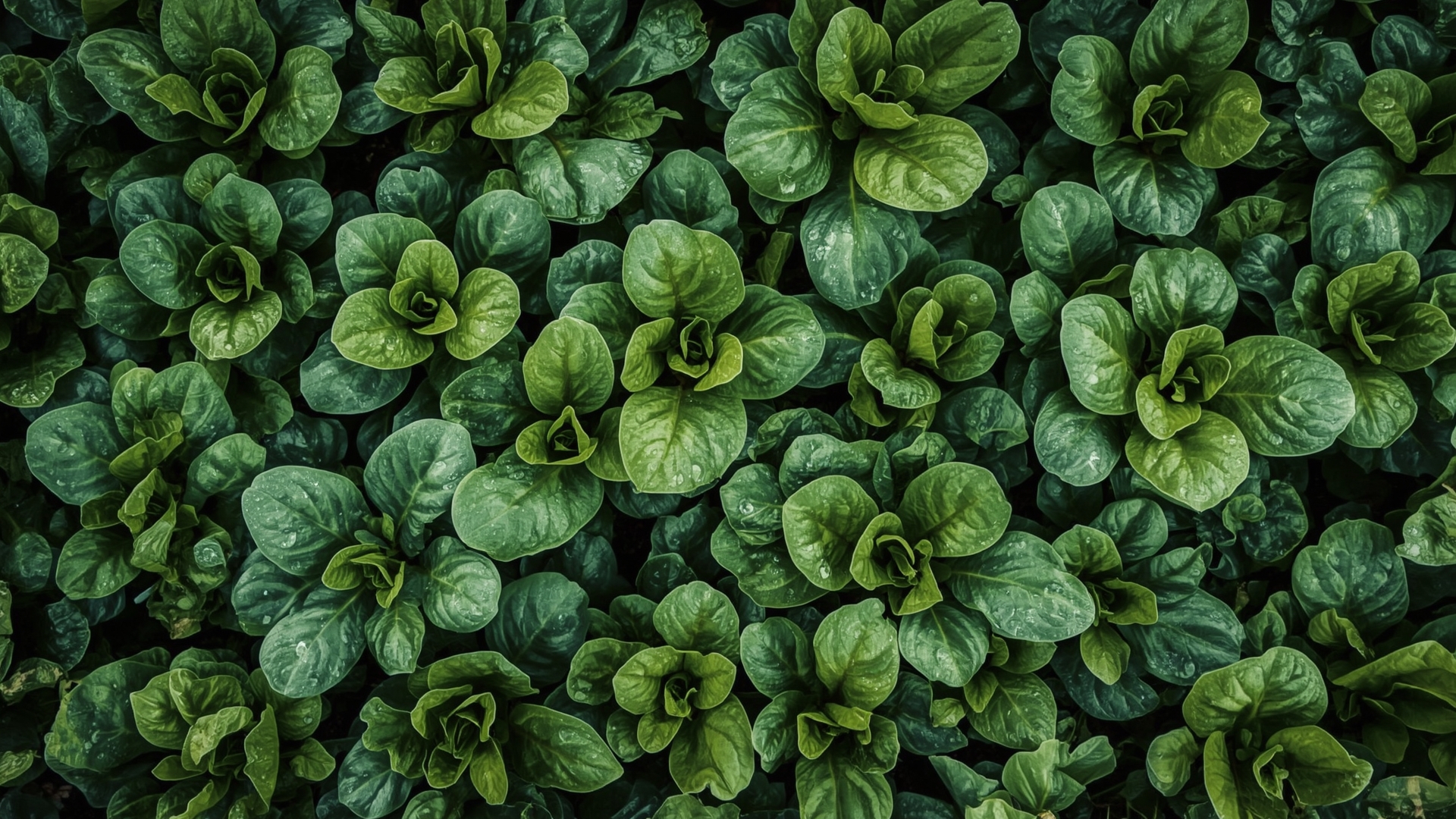 Densely planted raised garden bed with overlapping vegetable leaves forming a closed weed-suppressing canopy