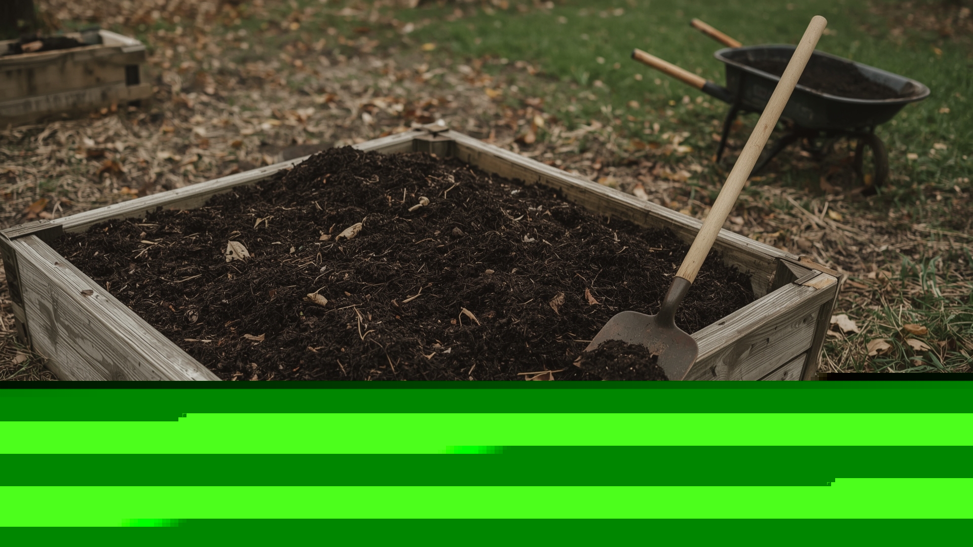 Fall vegetable garden bed being amended with dark compost before winter season