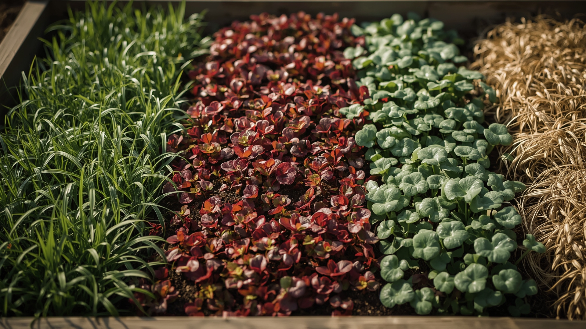 Four cover crop varieties growing in raised vegetable garden bed in autumn
