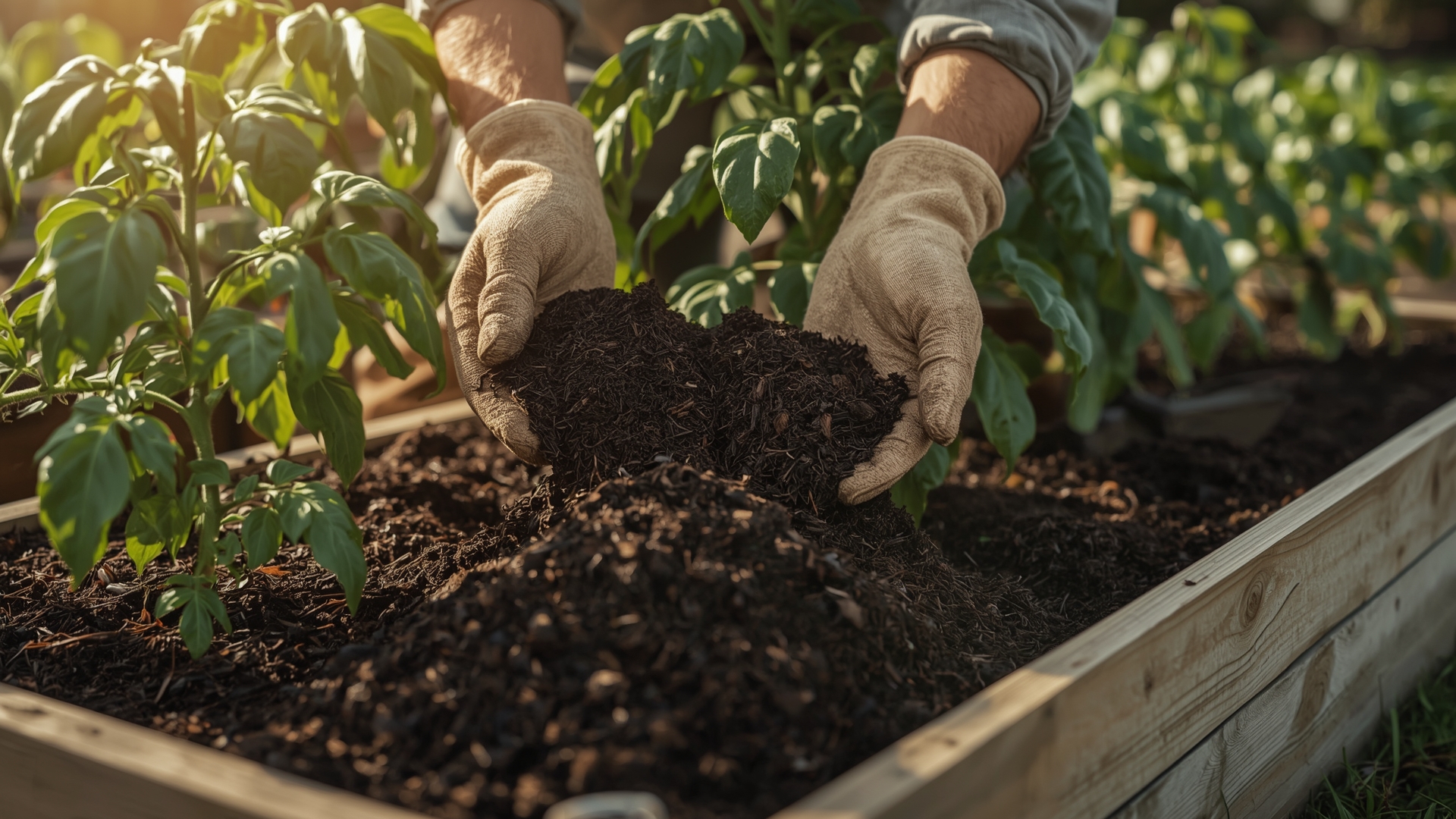Gardener applying finished compost around tomato plants in raised vegetable bed
