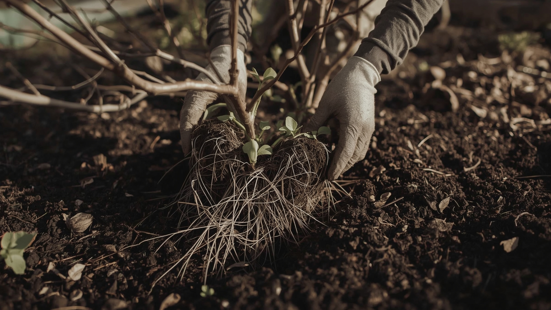 Gardener dividing perennial clump by hand in early spring garden bed