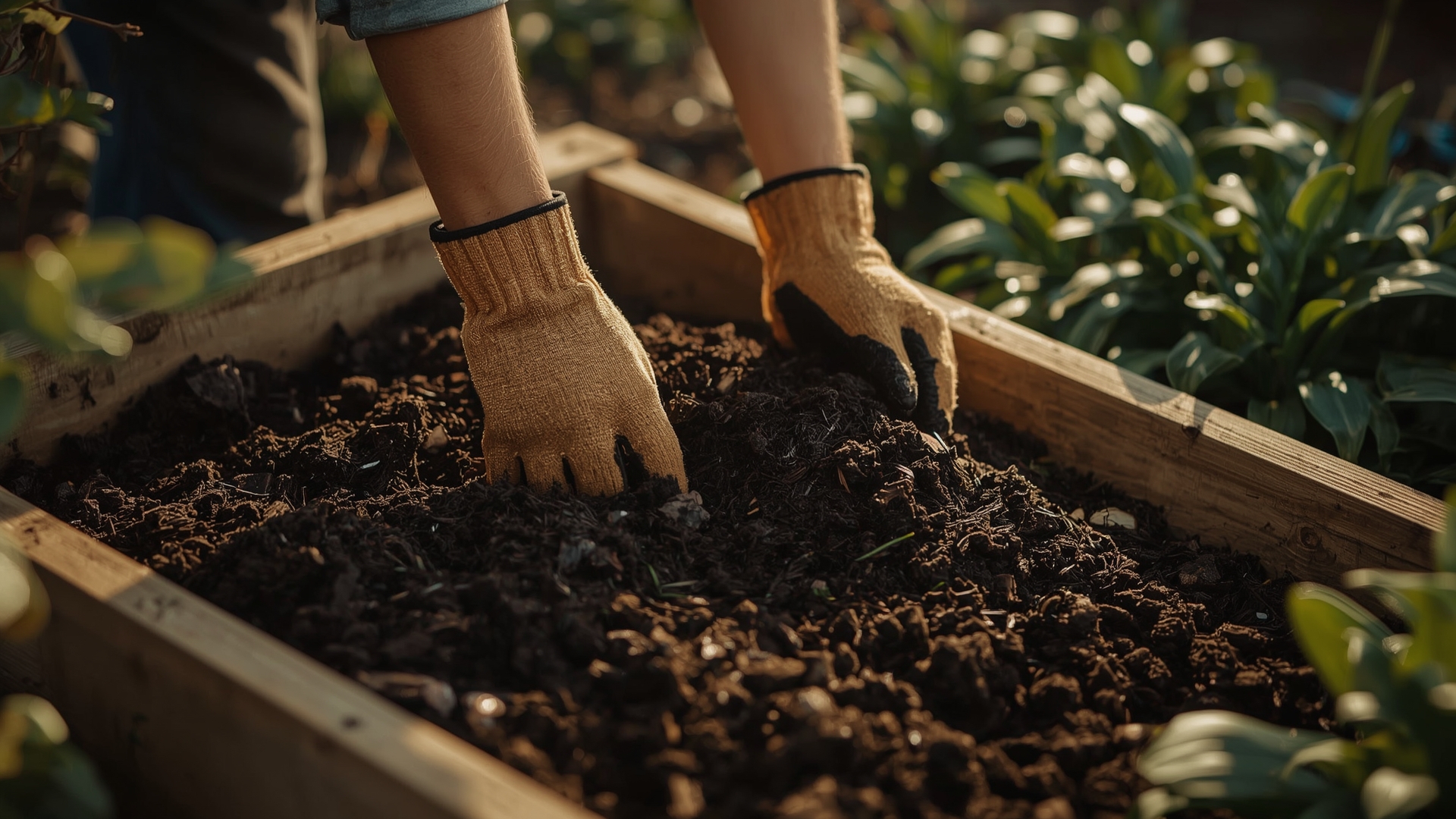 Gardener hands pressing into raised bed soil to test compaction before seasonal amendment refresh
