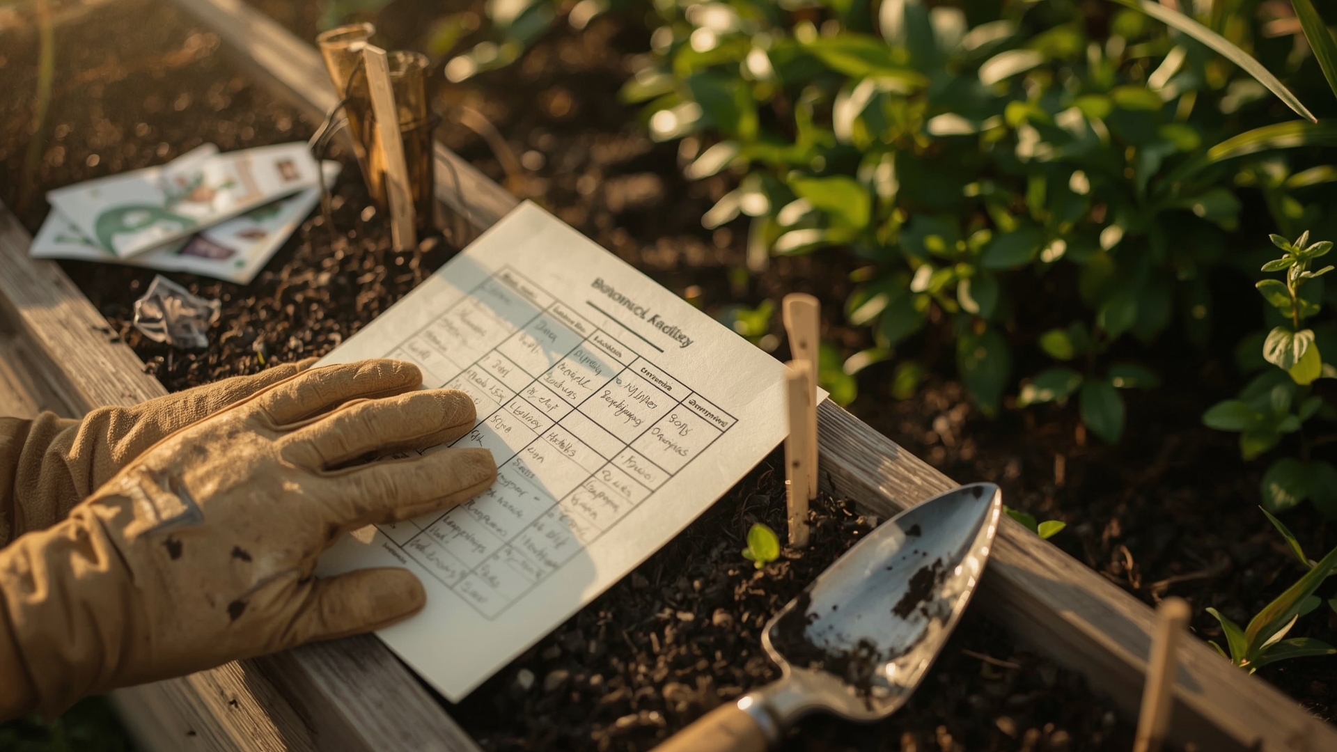 Gardener's hand-drawn crop rotation tracking grid resting beside raised vegetable garden bed
