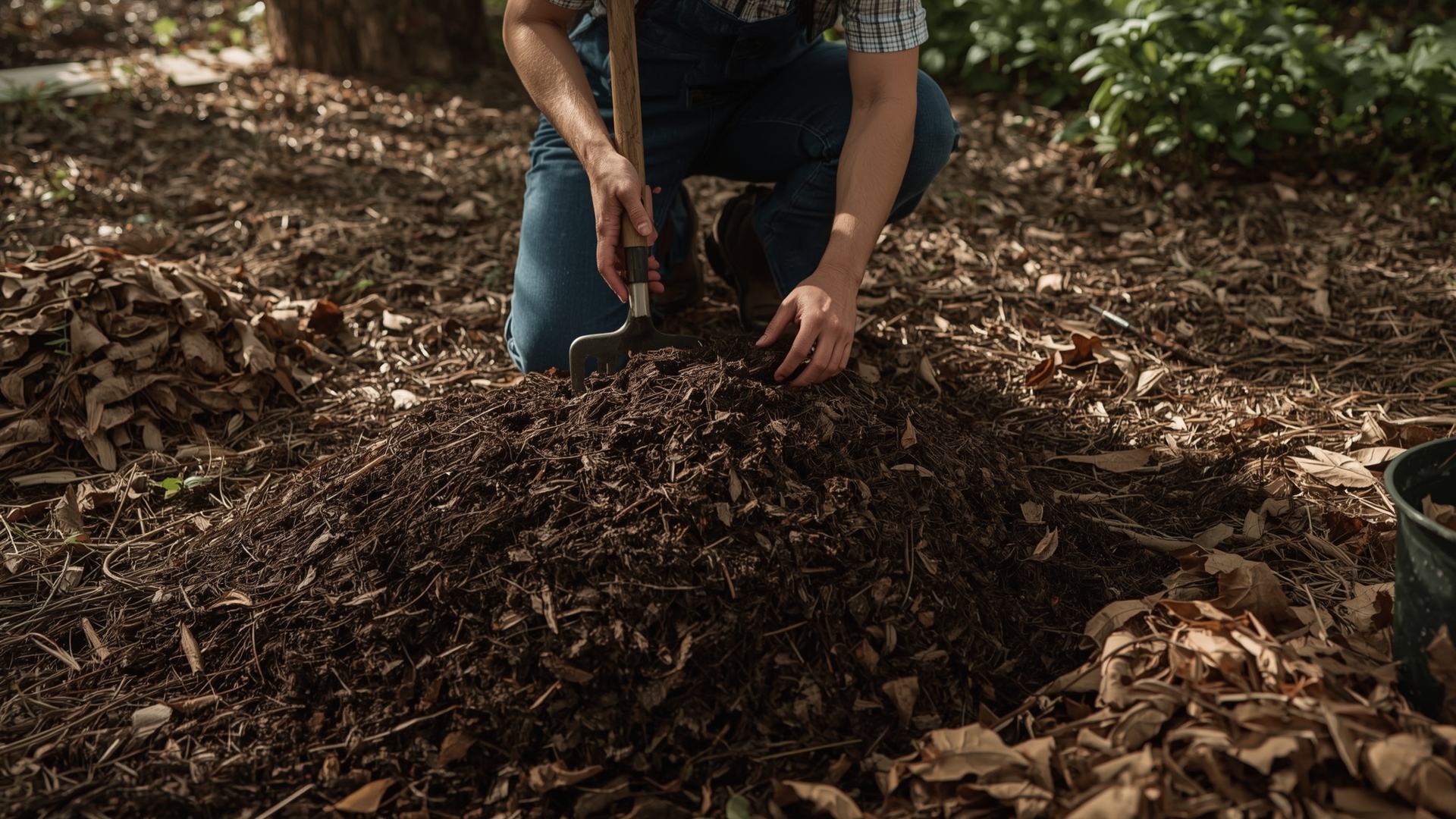 Gardener turning finished compost beside leaves and wood chips in a budget-friendly backyard soil building setup