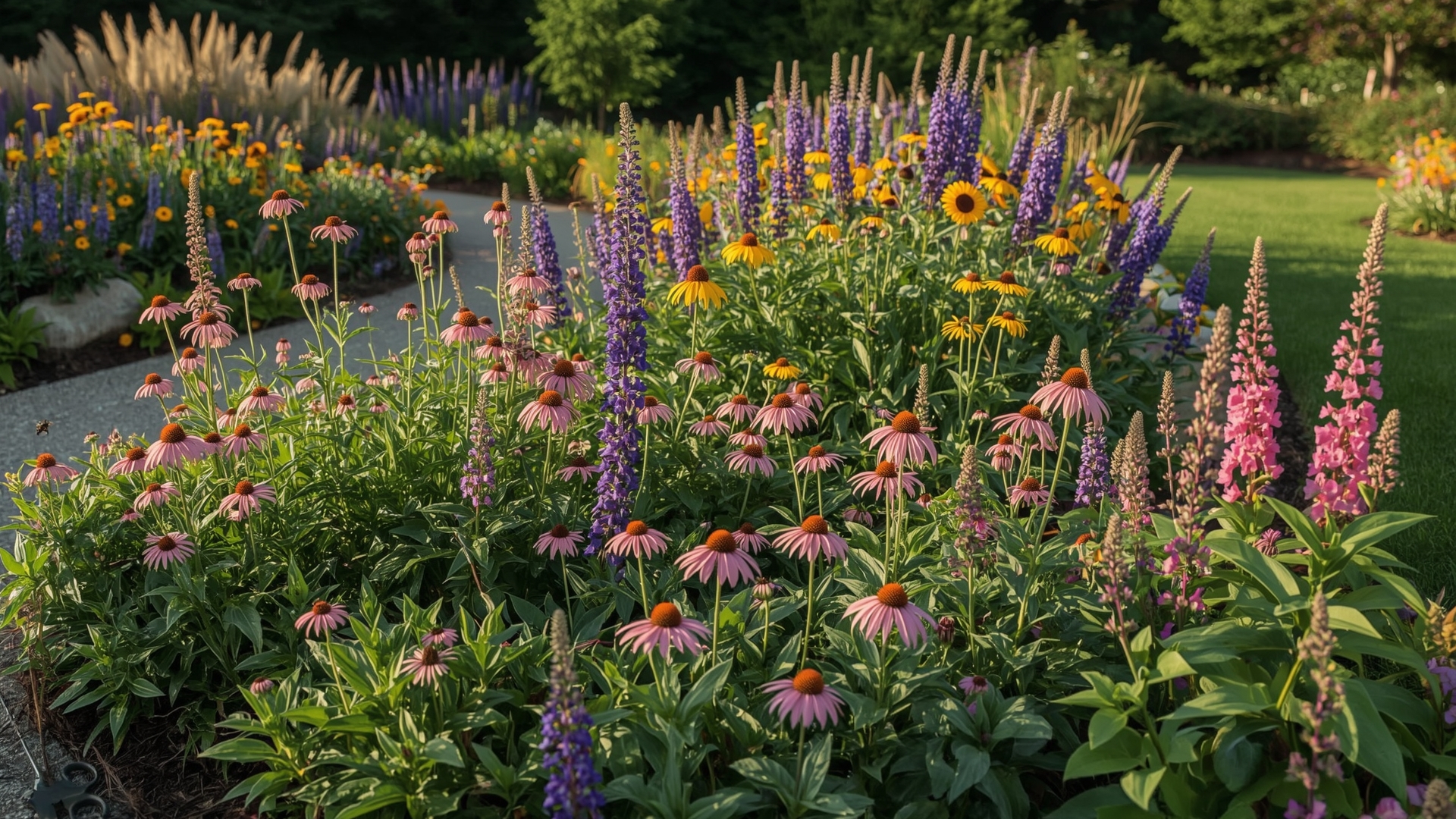 Lush summer perennial garden border with coneflowers salvia and black-eyed Susans in full bloom