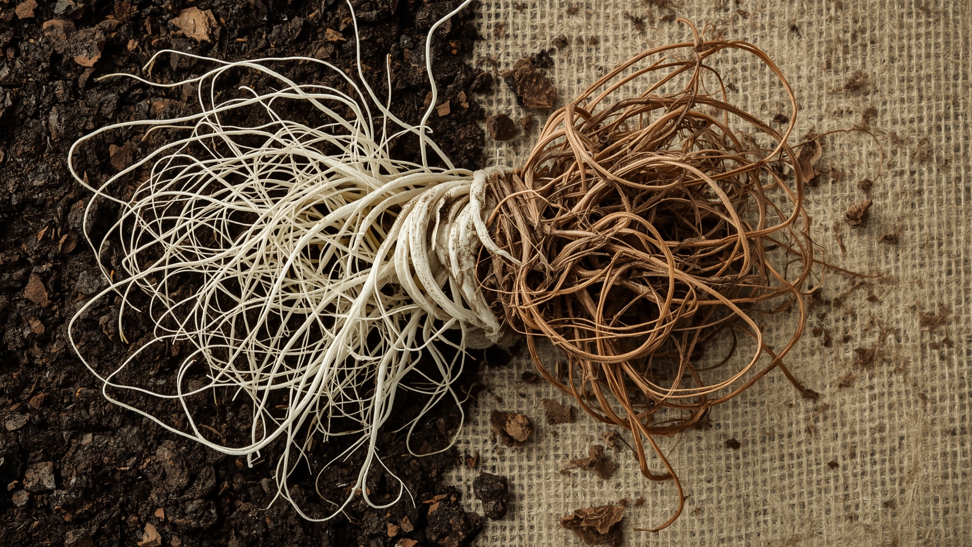 Macro comparison of healthy and stressed vegetable root systems lifted from garden soil
