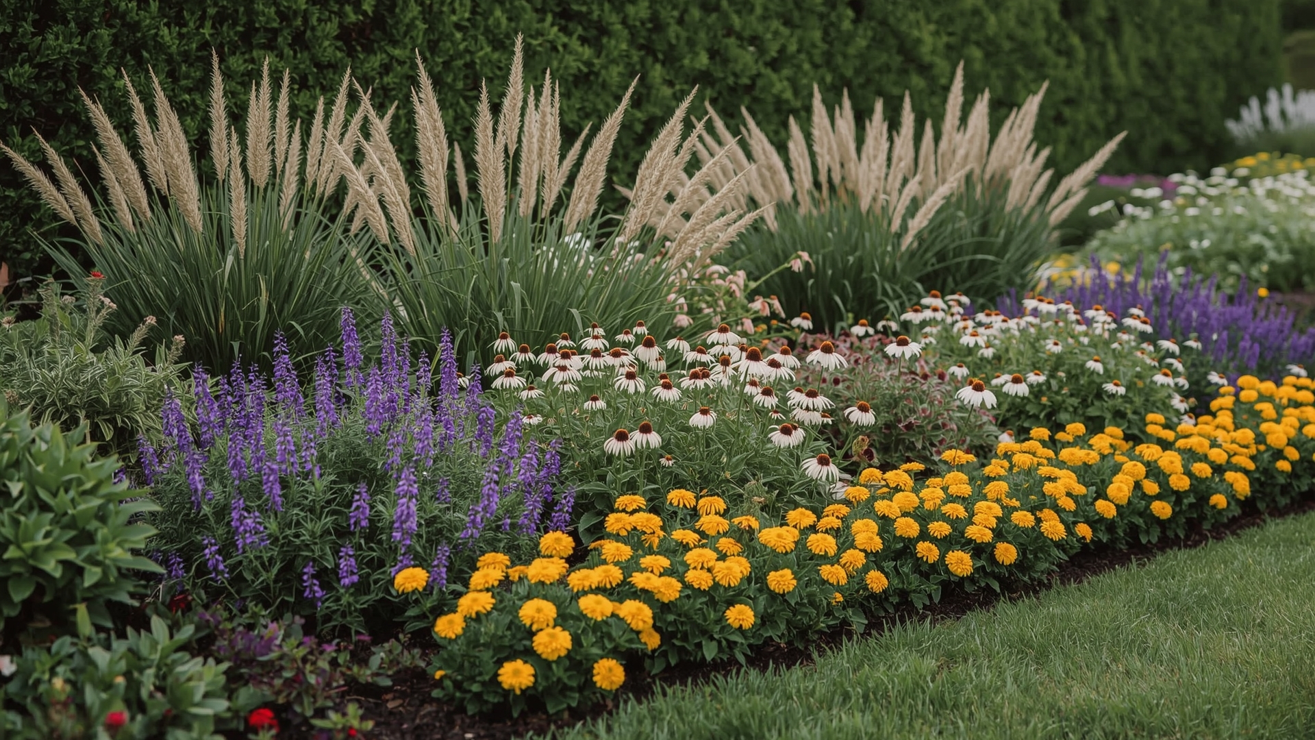 Mixed perennial and annual border bed showing three-layer height design in full bloom