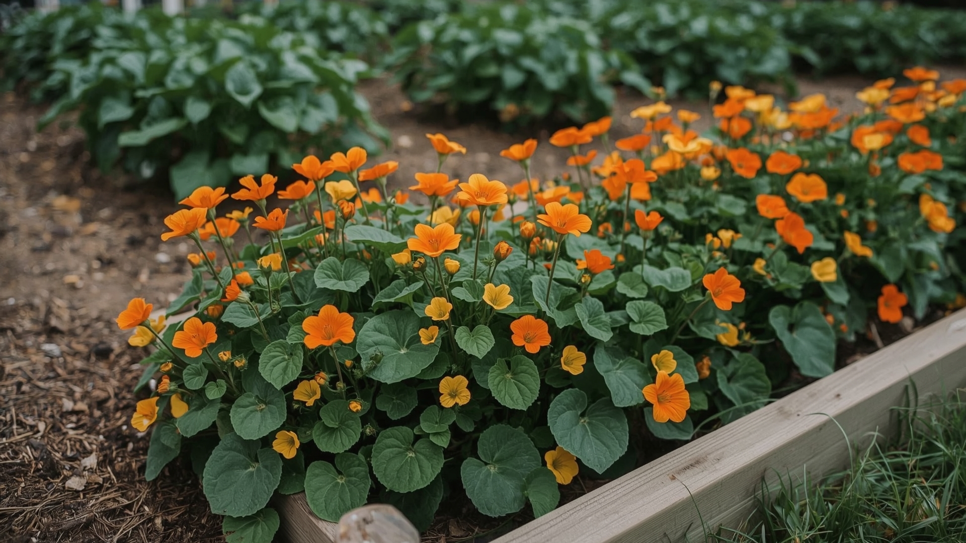 Nasturtium trap crop planted at vegetable garden border protecting peppers and beans