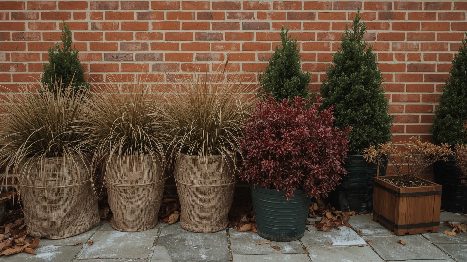 Outdoor containers wrapped in burlap grouped against brick wall for winter protection