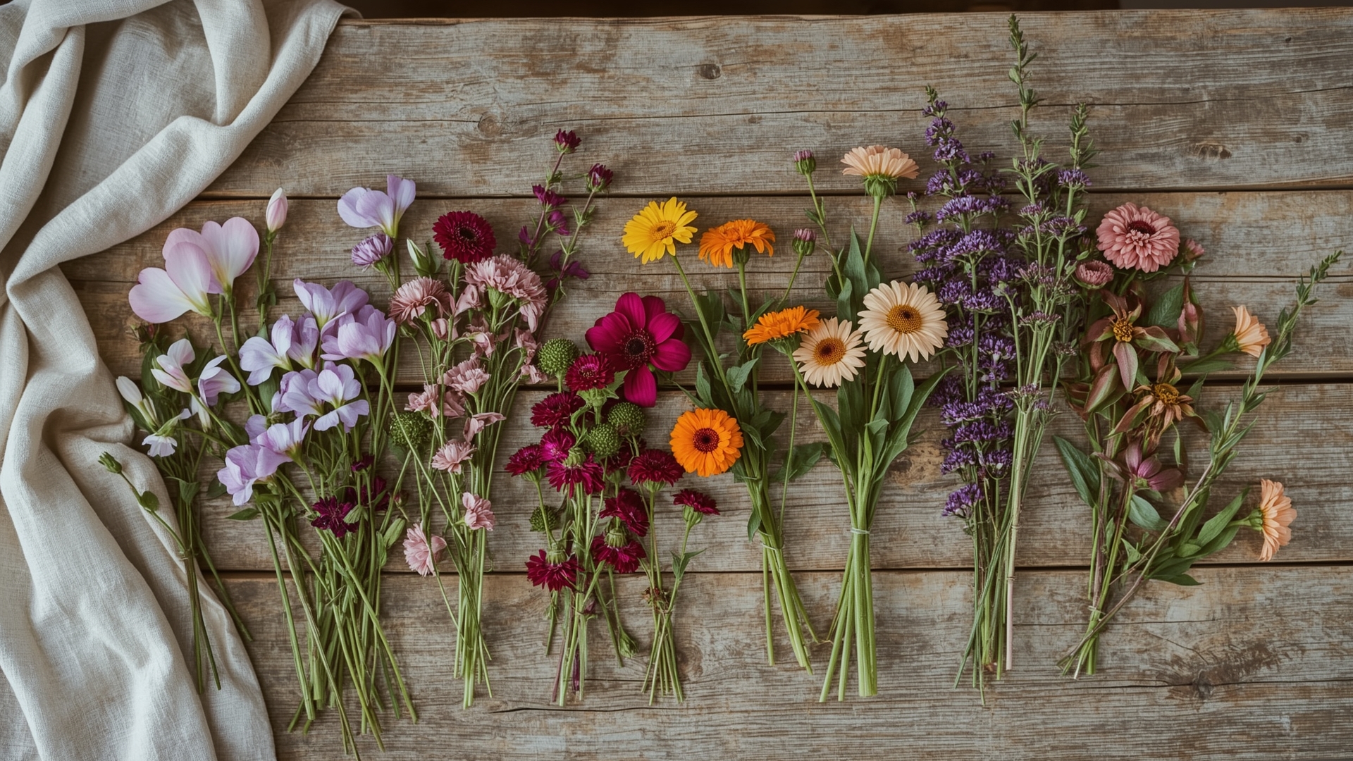 Overhead flat lay of perennial blooms arranged by season from spring through fall