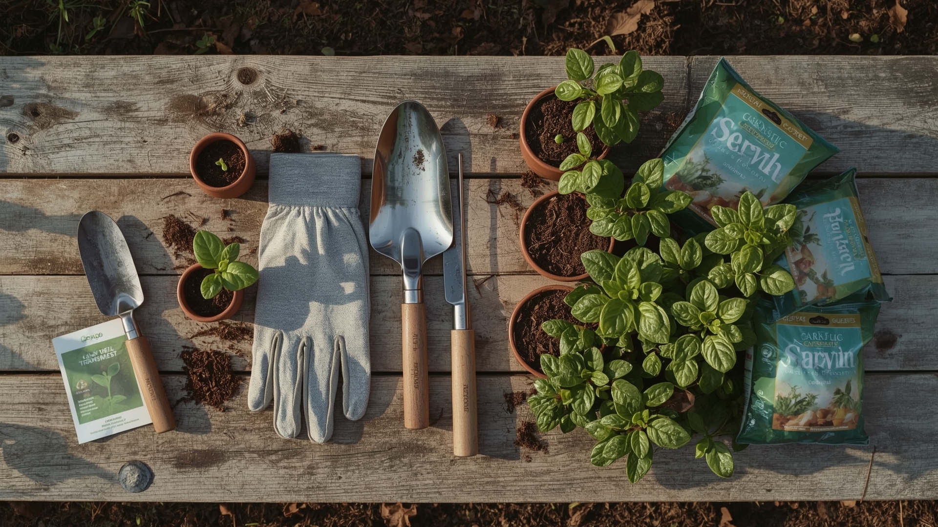 Overhead view comparing budget garden seed starting supplies versus expensive nursery transplants and tools