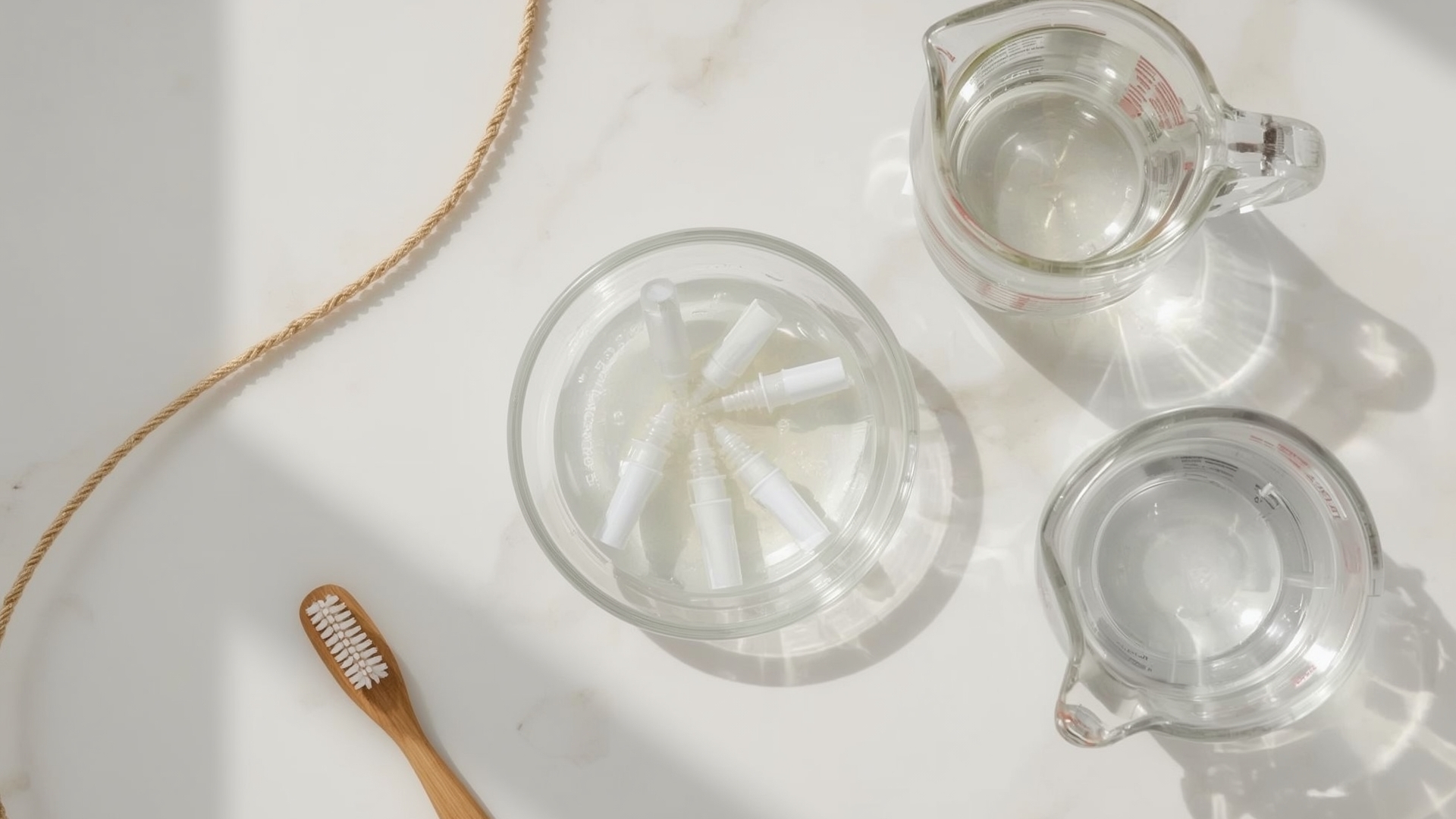 Overhead view of drip emitters soaking in vinegar with cleaning tools arranged nearby