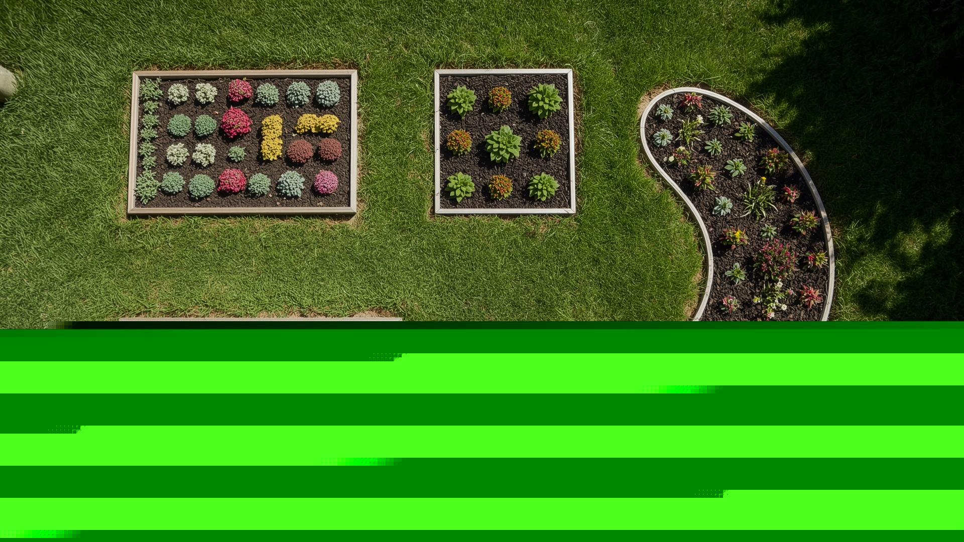 Overhead view of five garden bed shapes including rectangle kidney oval and L-shape