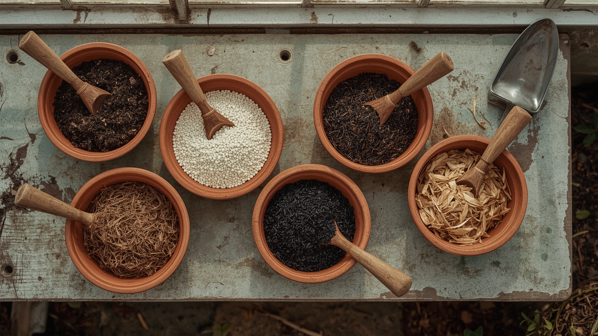 Overhead view of five soil amendments in bowls showing balanced raised bed mix ingredients