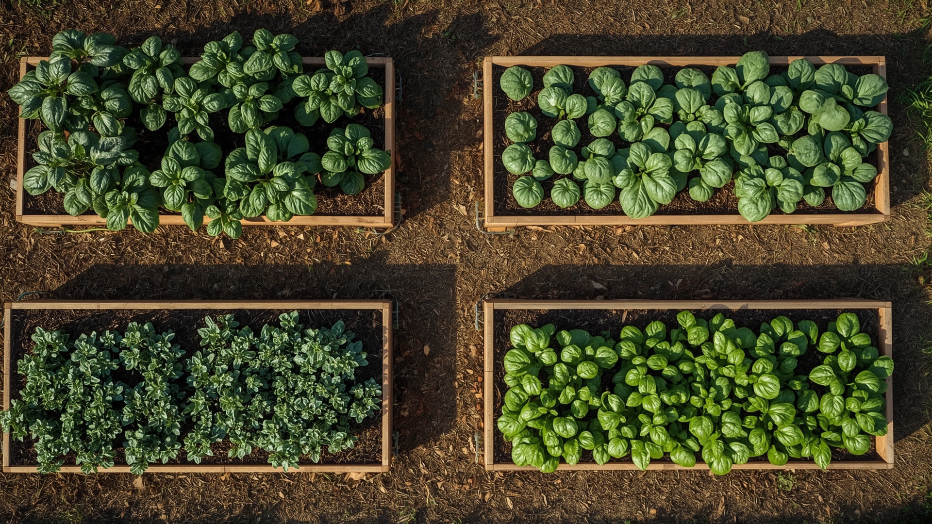 Overhead view of four raised vegetable garden beds grouped by crop type for drip irrigation zone planning