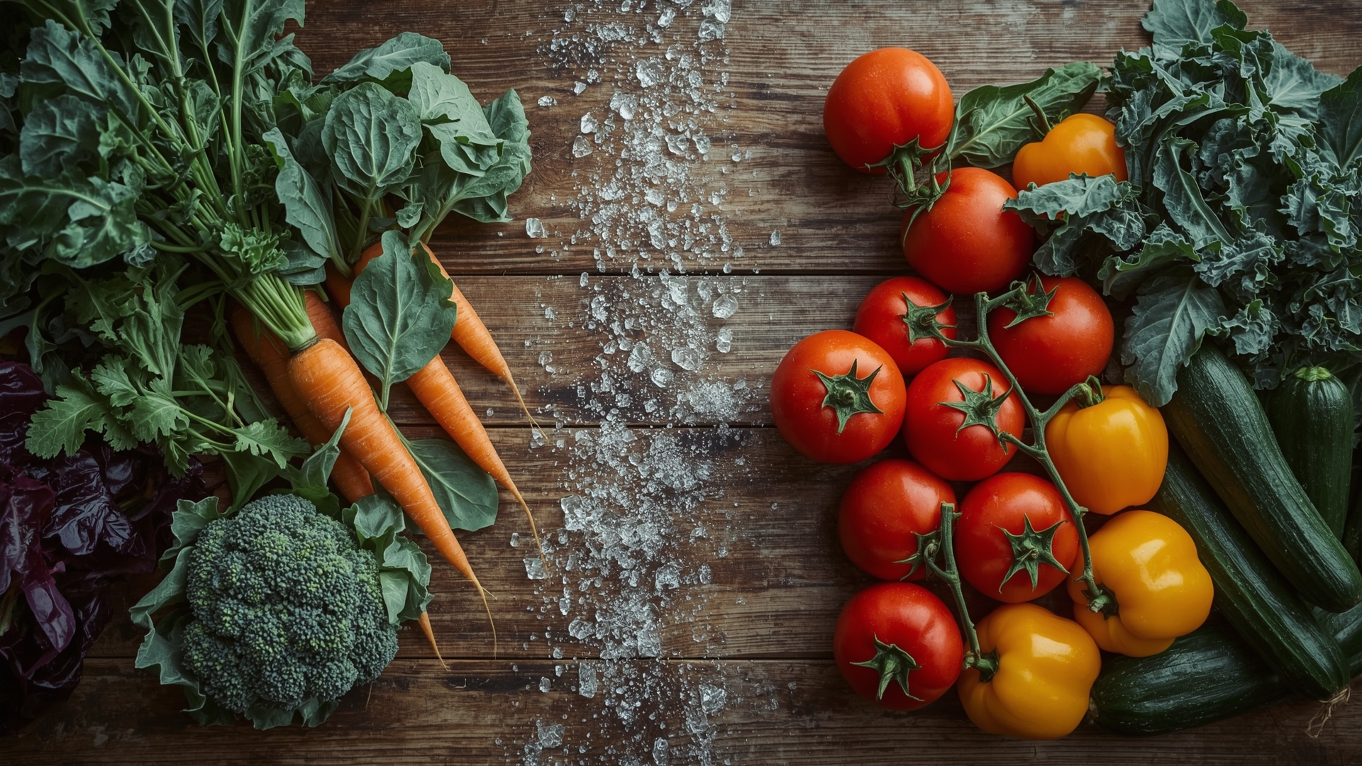 Overhead view of frost-tolerant cool-season vegetables beside frost-sensitive warm-season crops on wooden table