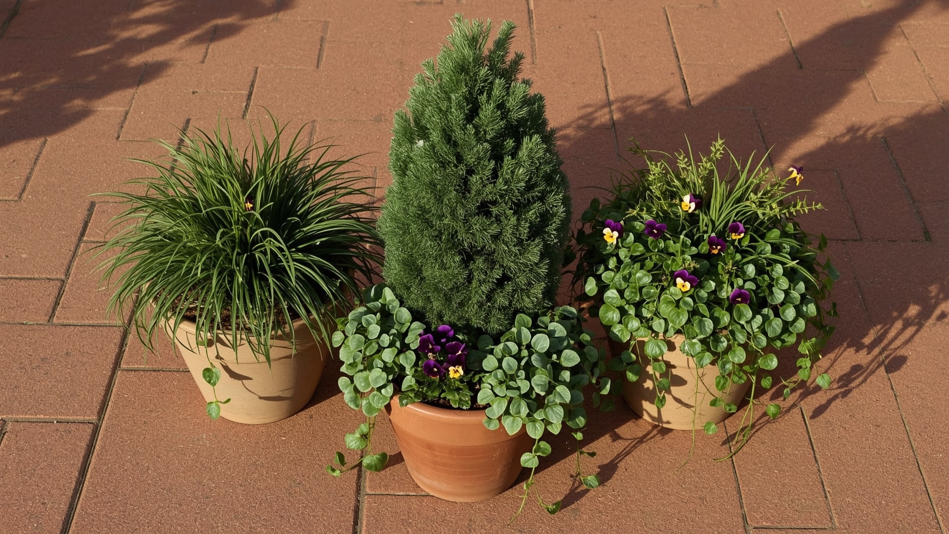 Overhead view of layered patio container garden with thriller filler spiller plant arrangement