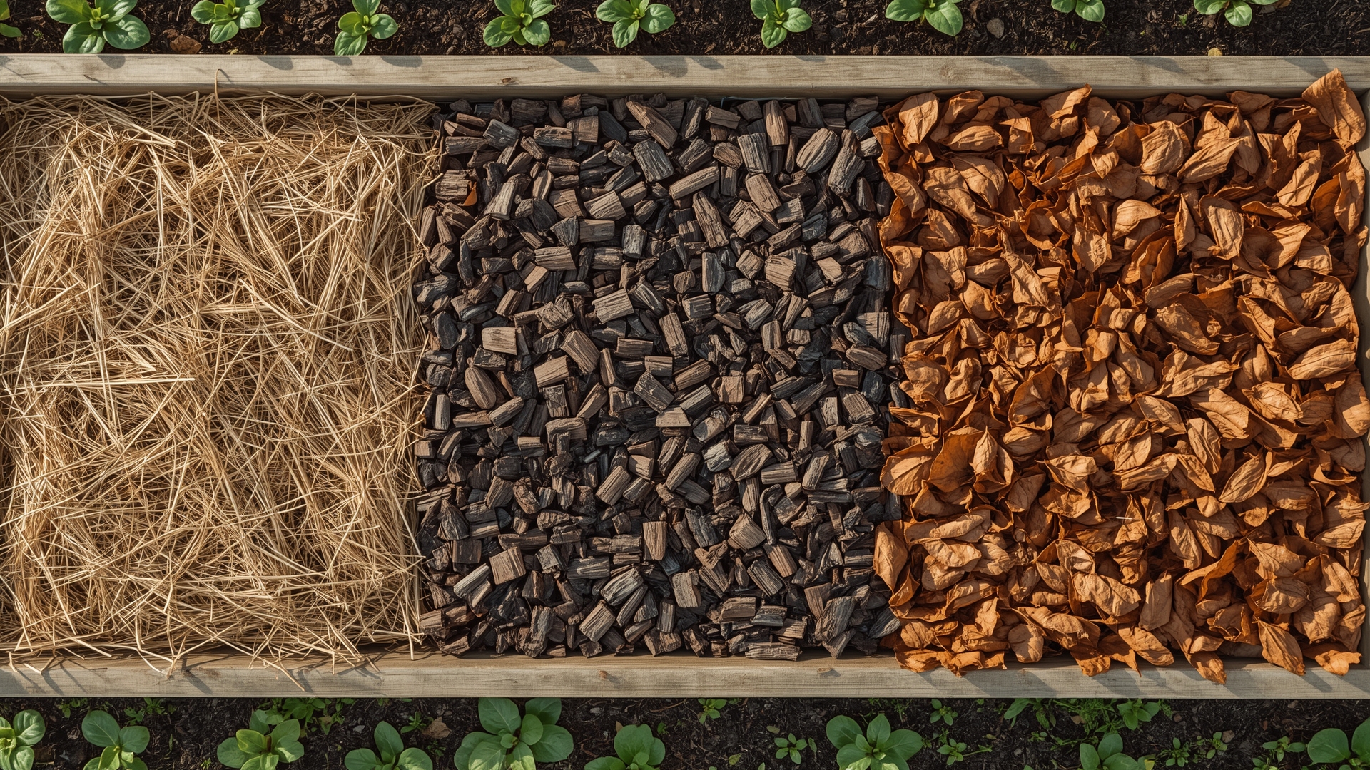 Overhead view of straw, wood chips, and shredded leaves in raised vegetable garden bed
