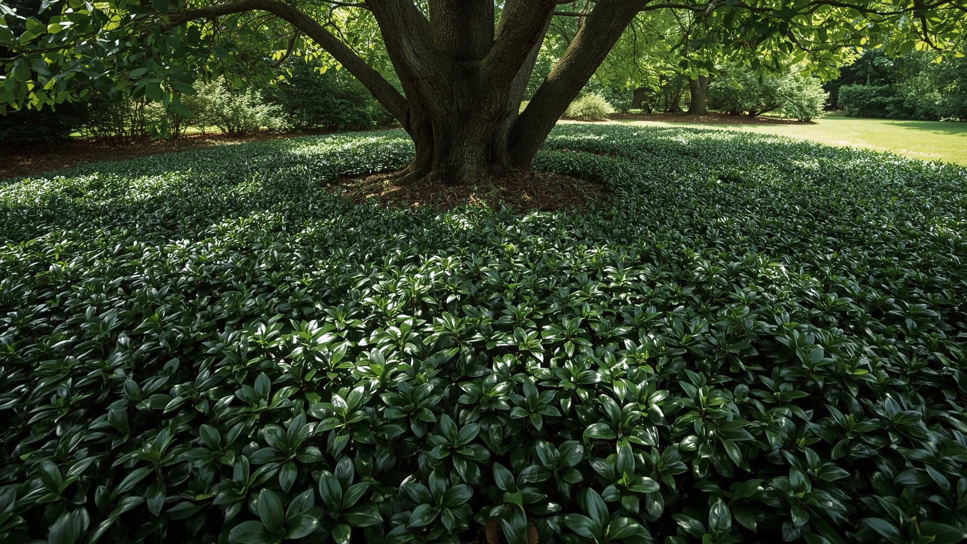 Pachysandra ground cover thriving in deep shade beneath mature garden trees