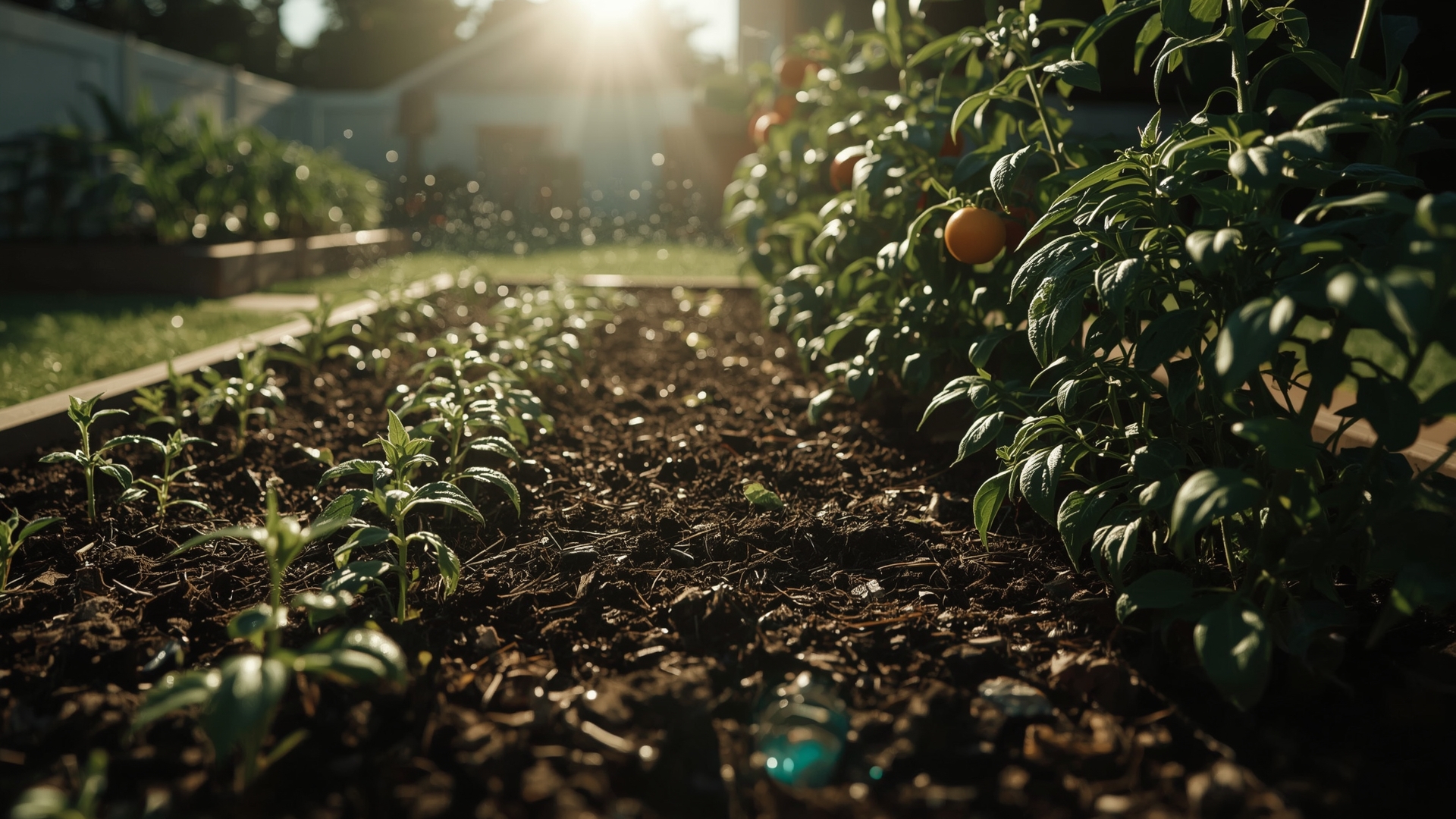 Raised bed vegetable garden showing seasonal watering differences from spring to summer