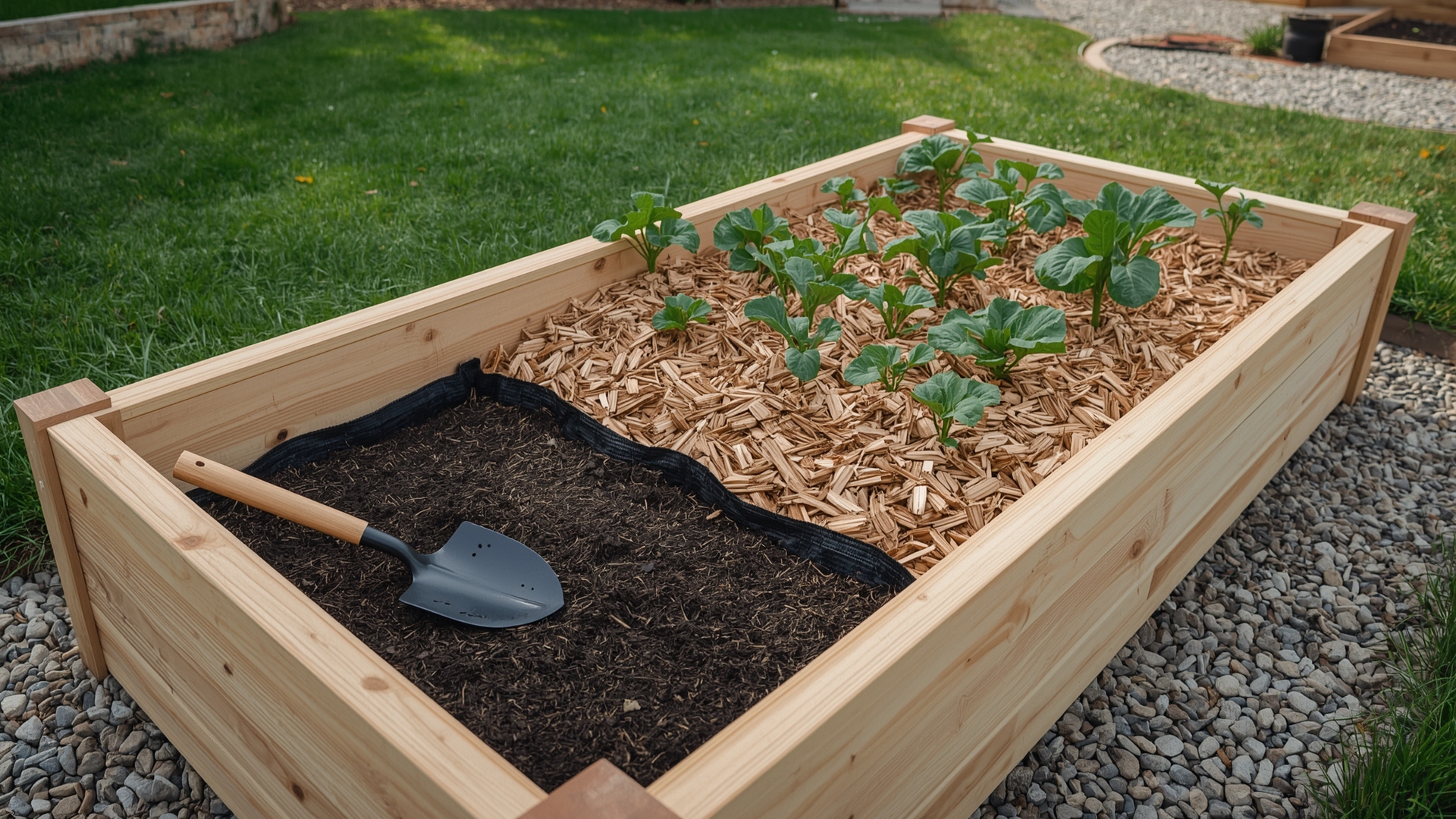 Raised garden bed cross-section showing layered weed control with fabric base, clean soil, and wood chip mulch