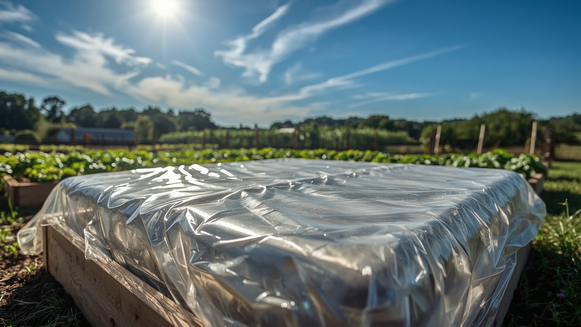 Raised vegetable garden bed covered with clear plastic sheeting for soil solarization in summer sun