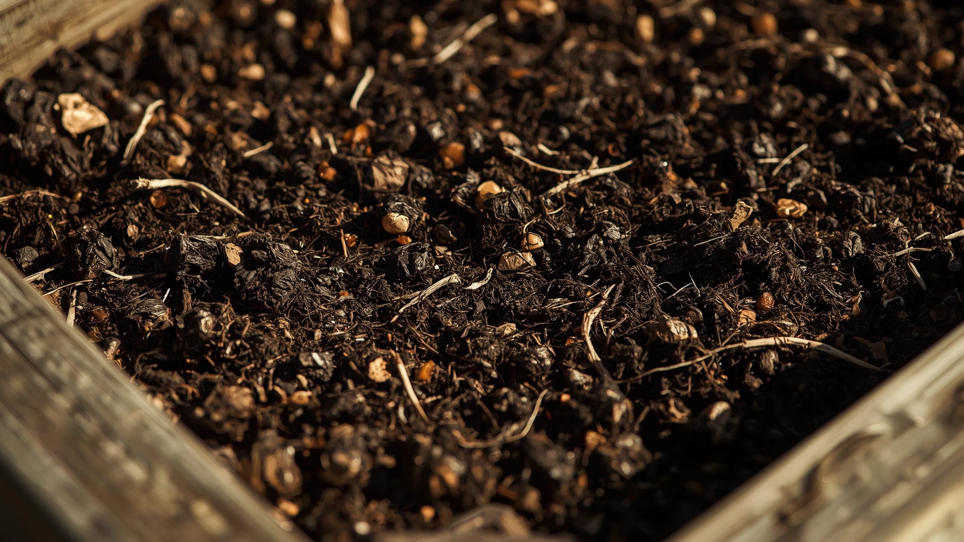Rich dark aged compost amendment filling a wooden raised garden bed close-up