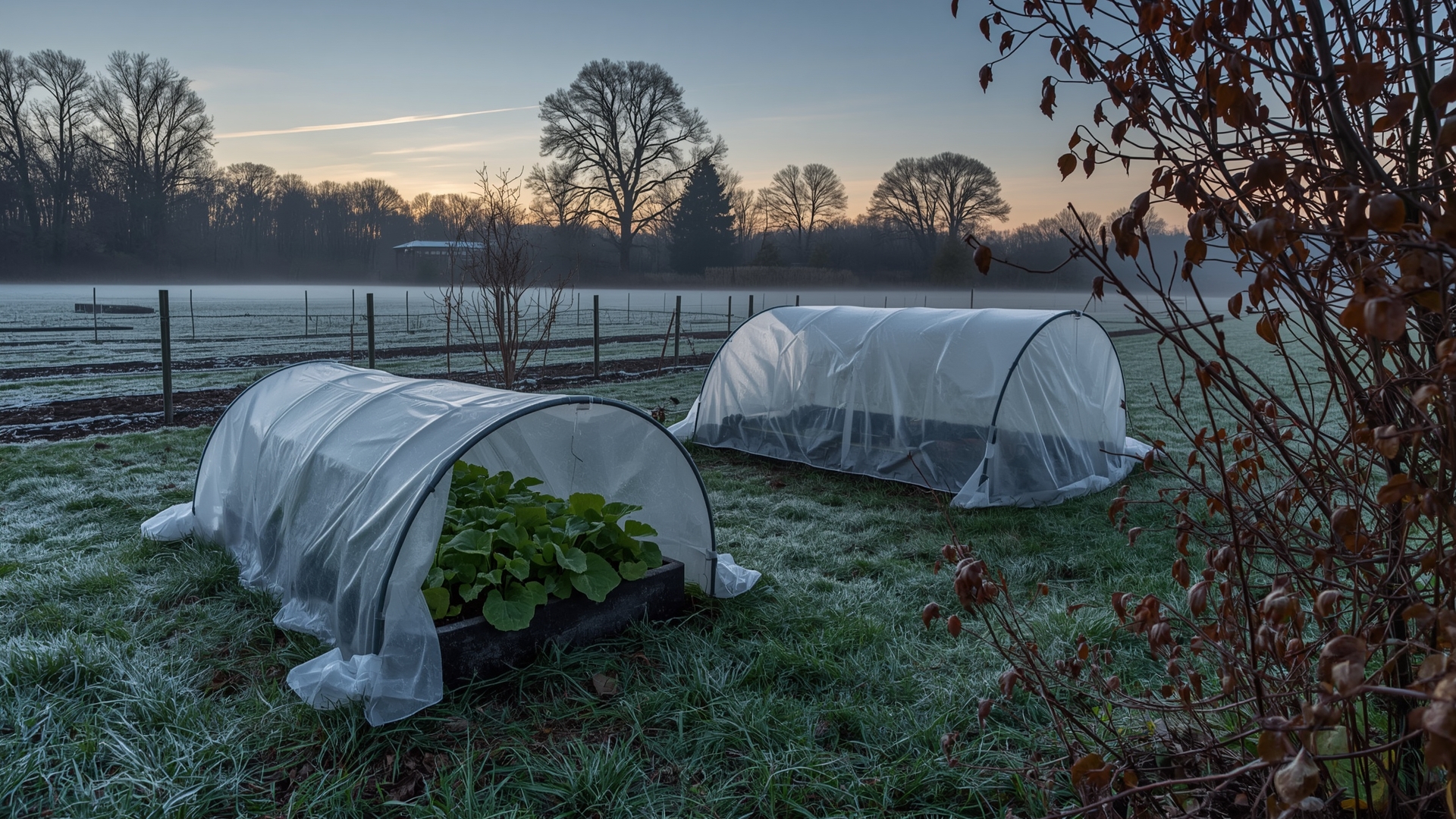 Row cover fabric protecting vegetable garden plants from frost on a cold autumn morning