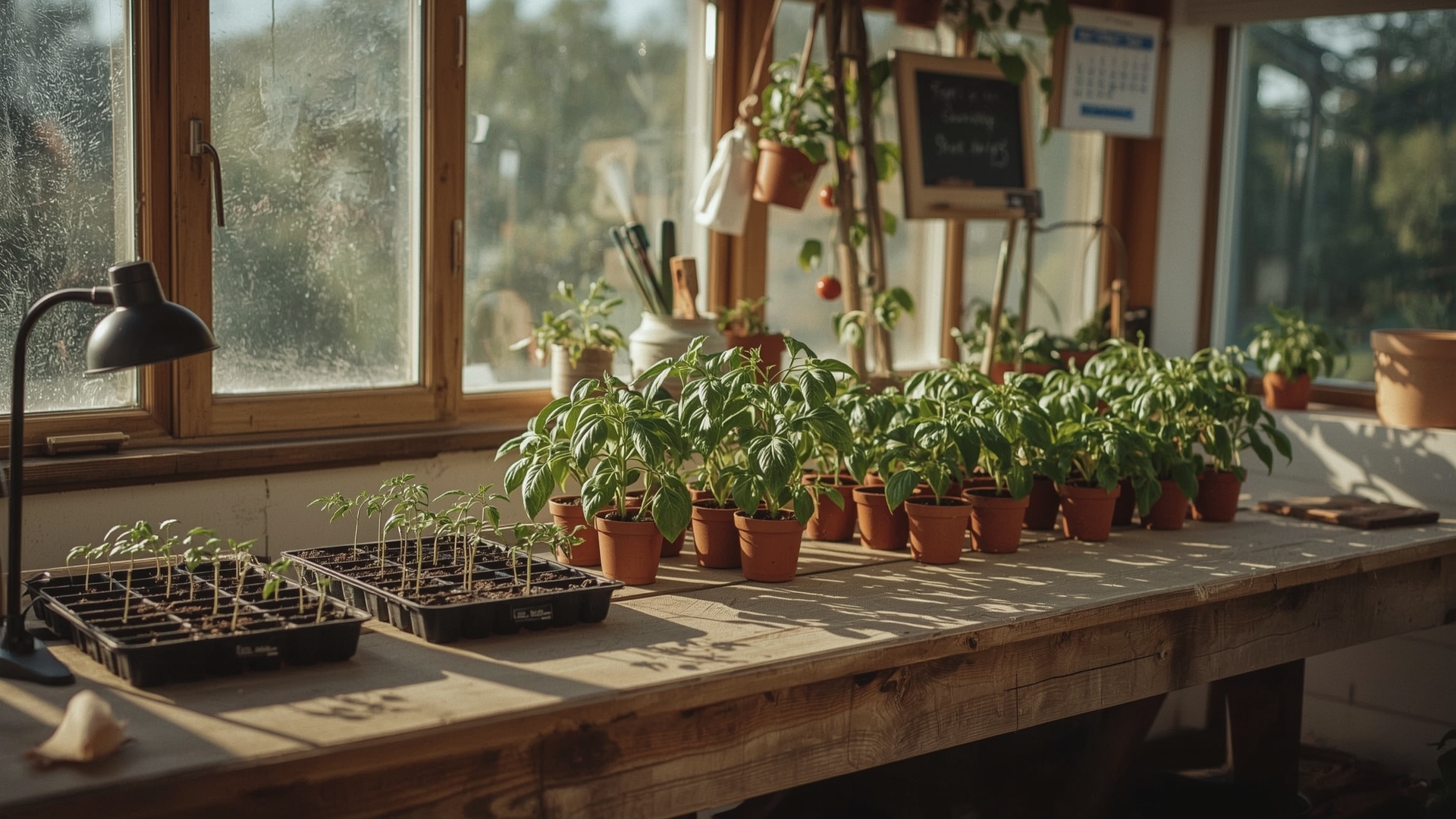 Seedling progression from indoor seed trays to transplant-ready vegetable starts on a potting shed bench
