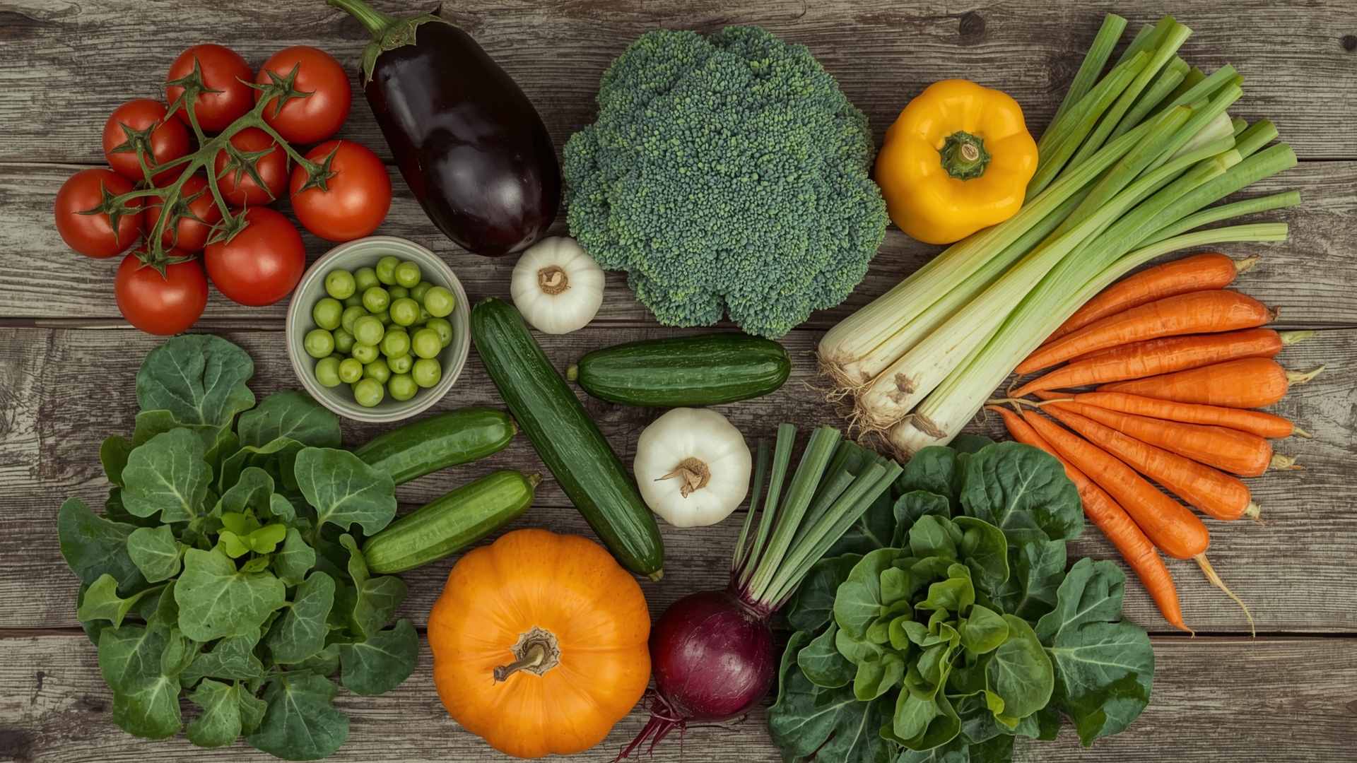 Seven vegetable plant families arranged in groups on rustic wood for crop rotation planning