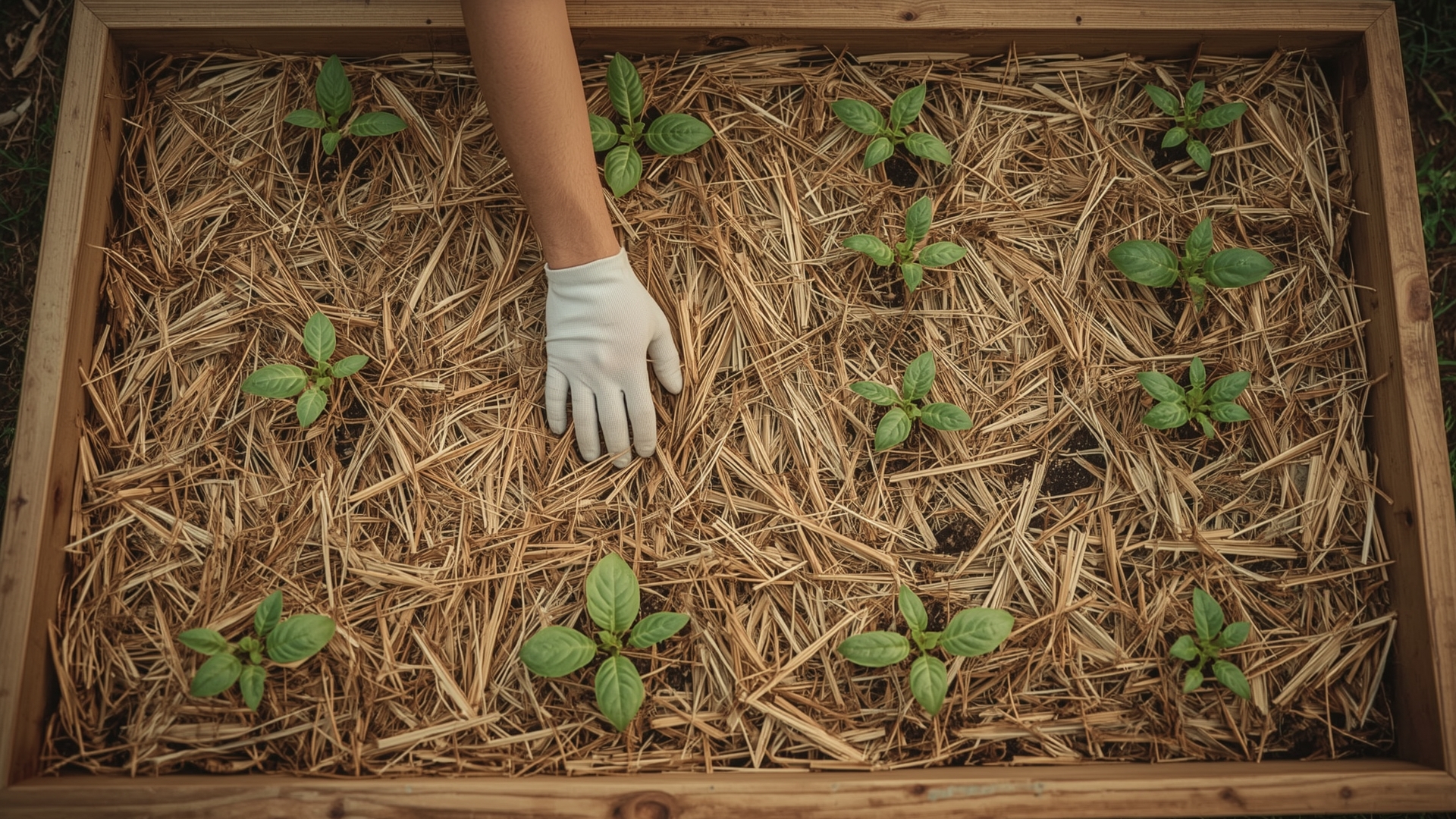 Thick straw mulch applied around vegetable seedlings in a raised garden bed for weed suppression