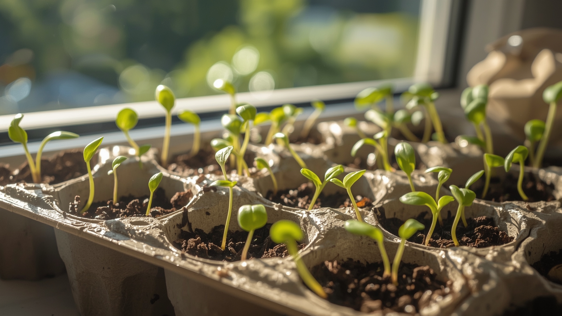 Tiny vegetable seedlings sprouting in repurposed egg carton containers on a sunny indoor windowsill