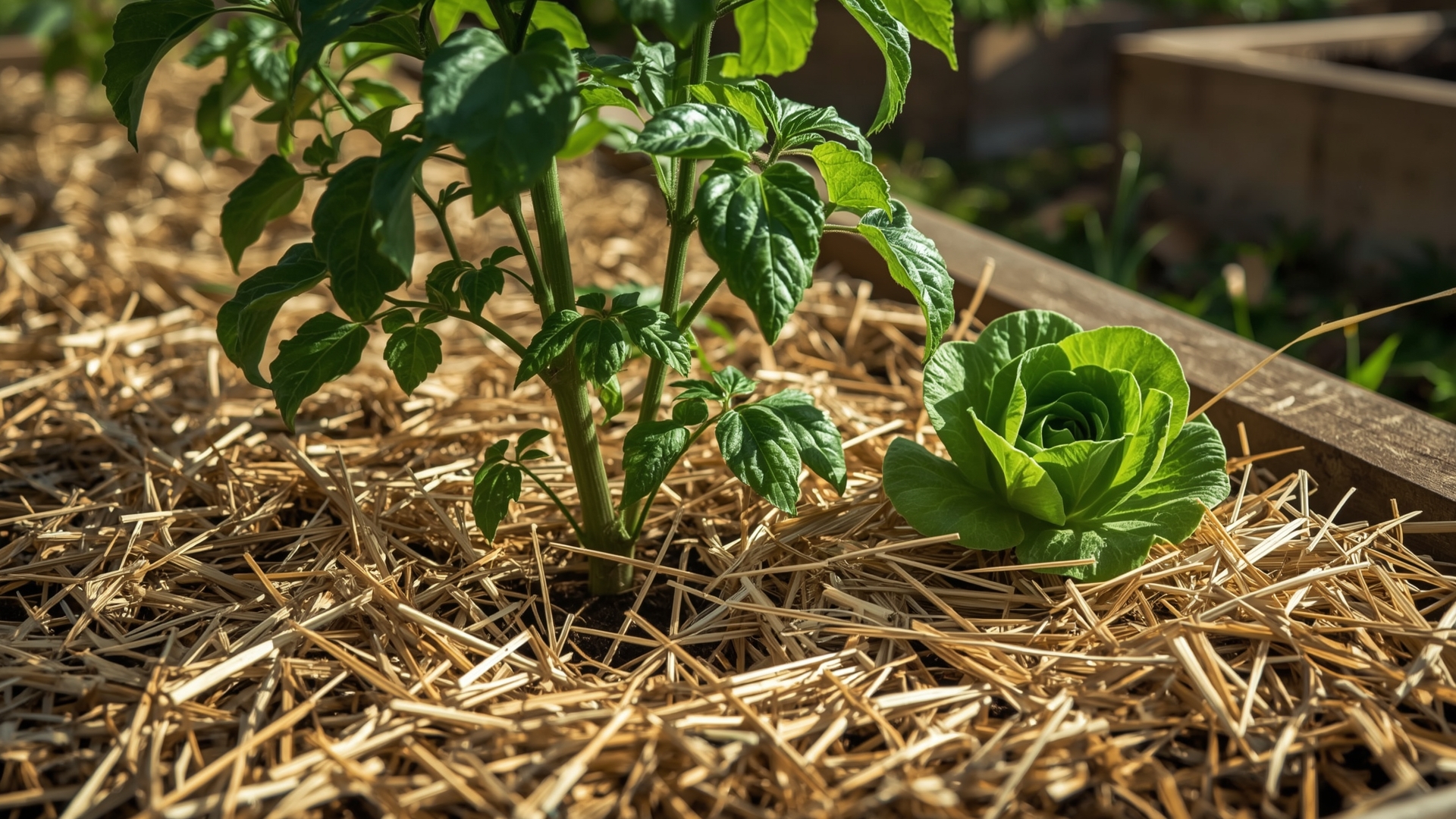 Tomato and lettuce plants growing through straw mulch in raised garden bed